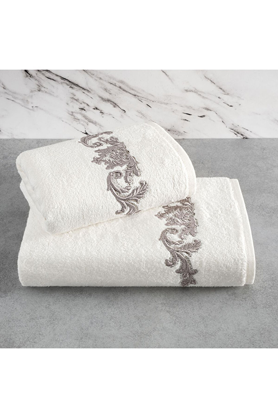Bambu Yumuşak & Su Emici Tivoli Cloé Havlu - Ekru Rengi Nakışlı Havlu Modelleri - 2'li Set