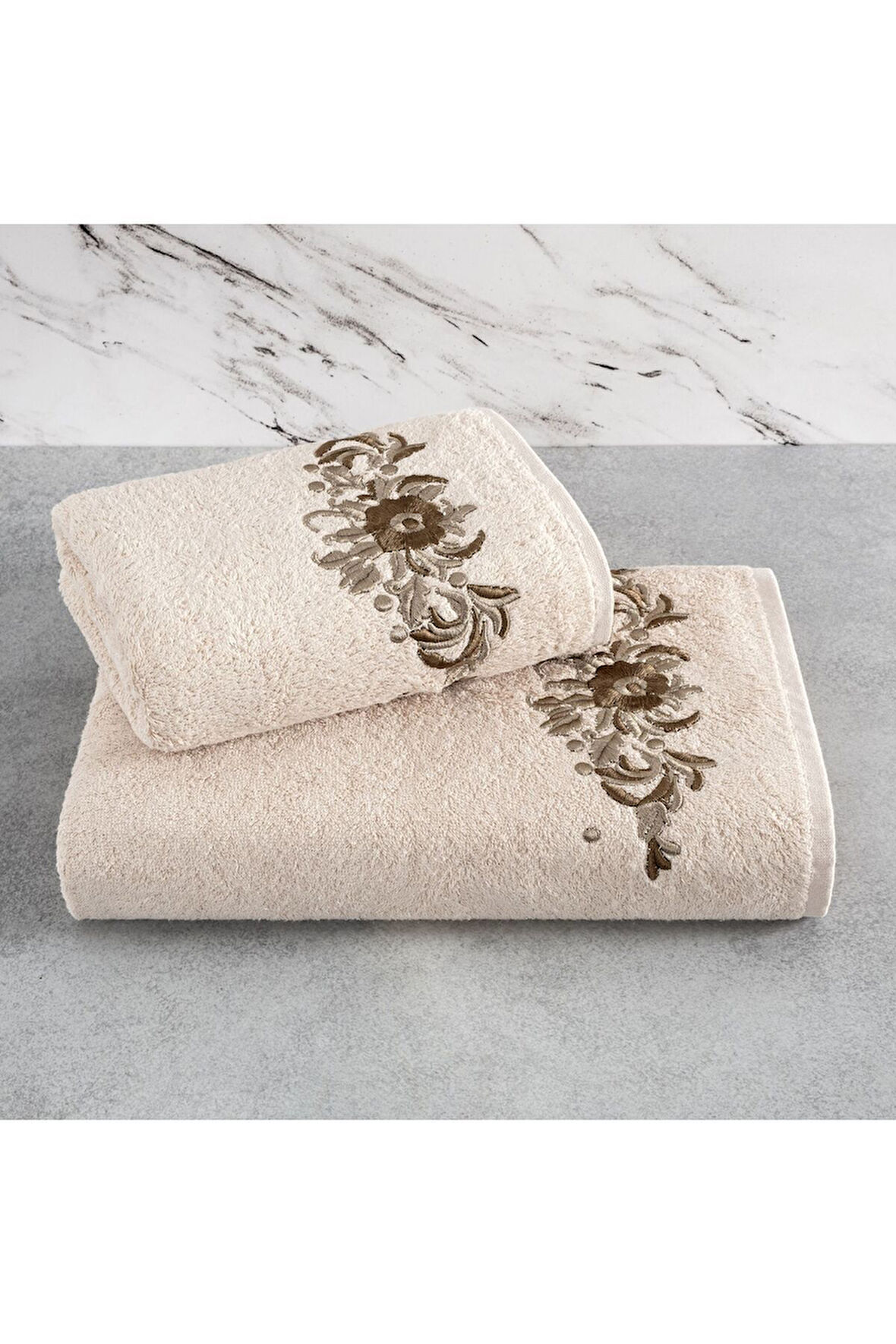 Bambu Yumuşak & Su Emici Havlu Takımı - Nakışlı 2'li Banyo Havlu Seti - Tivoli Elise - Kapuçino