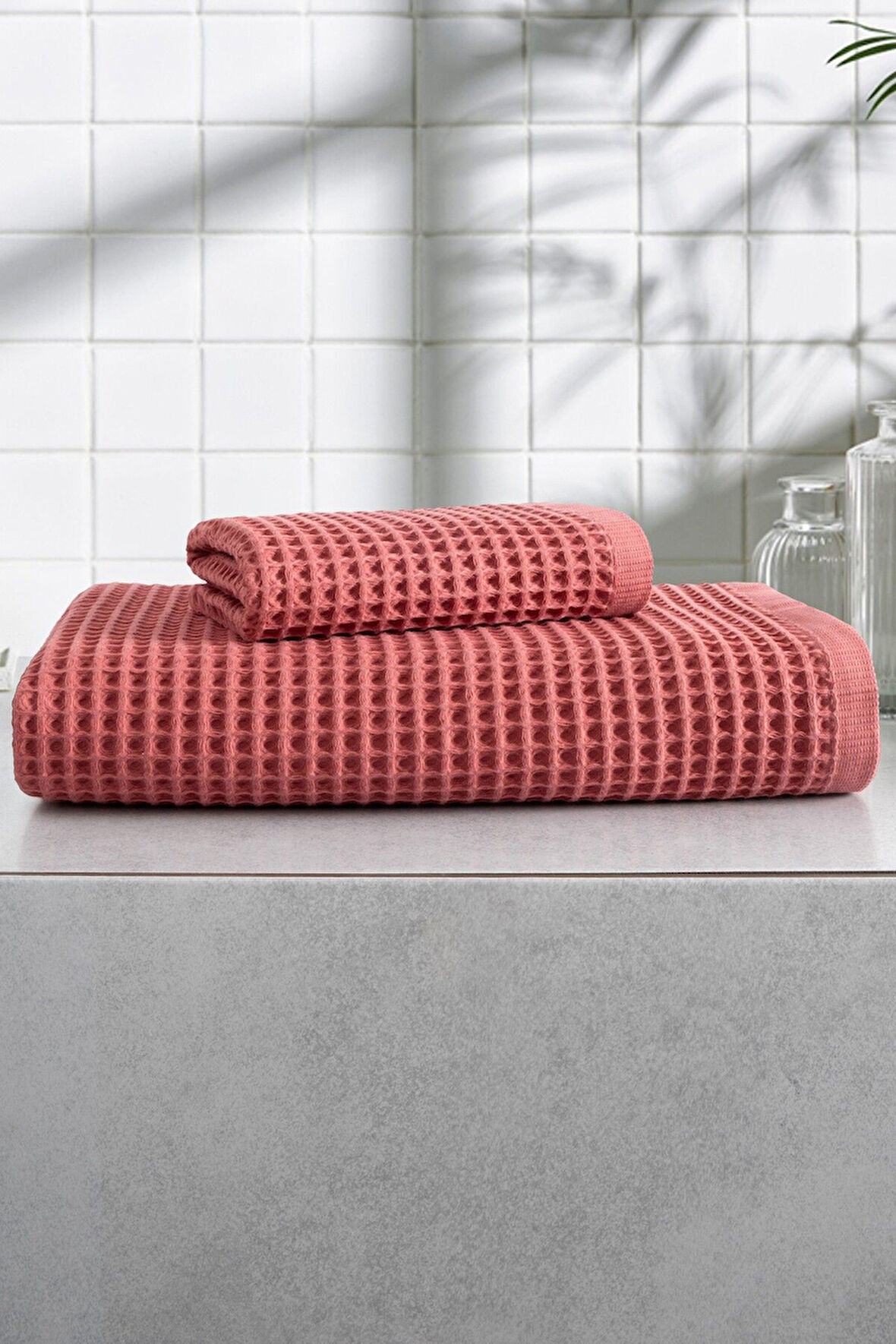 2'li Set Waffle Banyo Havlusu - Yumuşak ve Yüksek Su Emici- %100 Pamuk & Petekli - Kiremit Renk