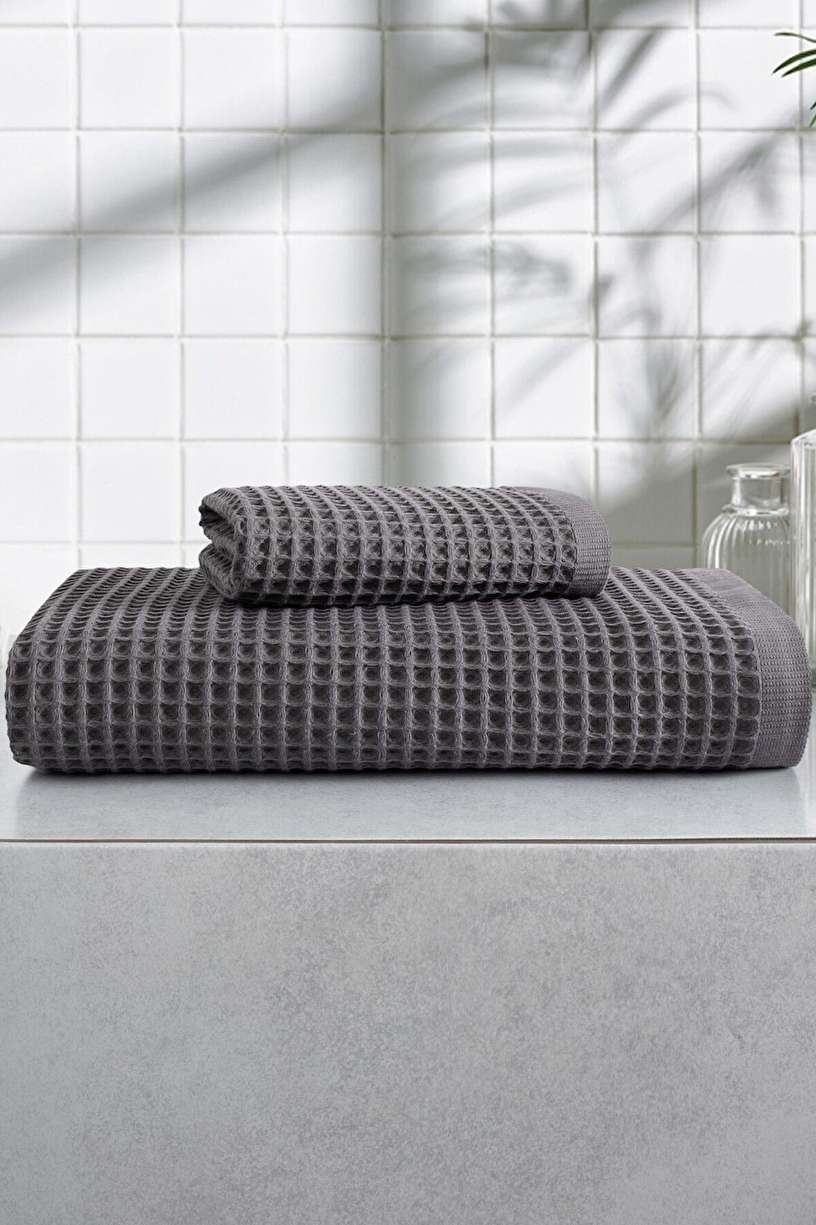 2'li Waffle Banyo Havlu Seti- Ekstra Yumuşak Ve Petekli Doku - %100 Pamuk &yüksek Su Emici- Antrasit