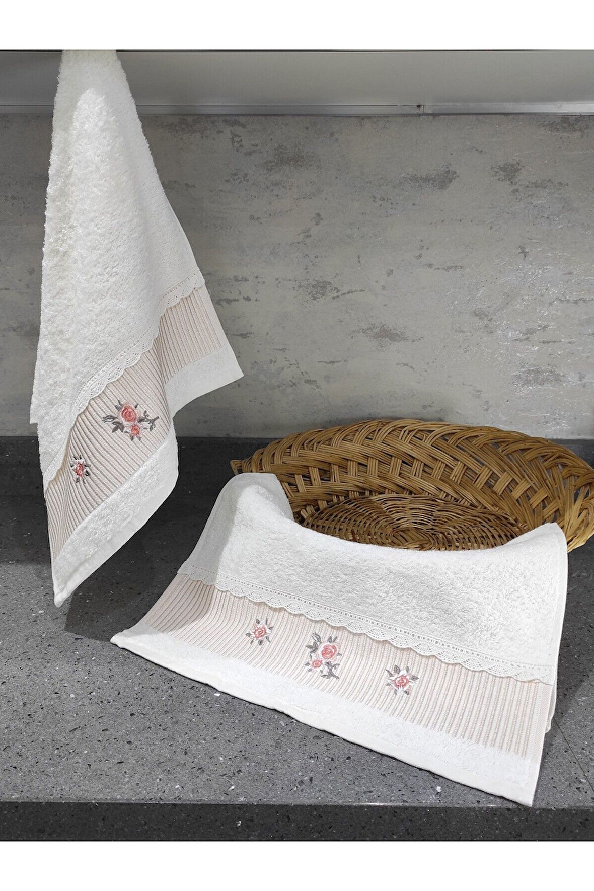 Sevim %100 Pamuk Mutfak Havlusu - Nakışlı Havlu Takımı - 2'li Dantelli Havlu Seti - 40x60 Cm – Somon