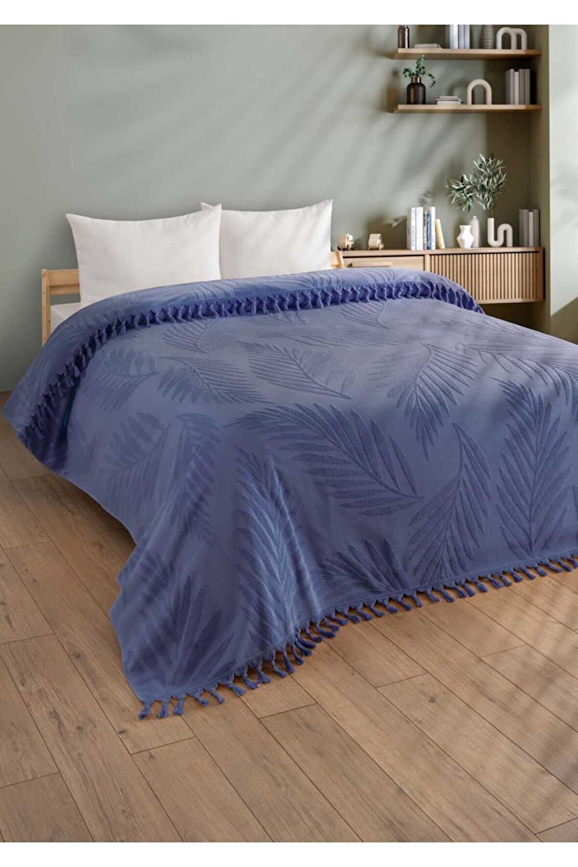Çift Kişilik Saçaklı Havlu Yatak Örtüsü - %100 Pamuk & Yumuşak & Saçaklı Pike - 220x240 cm - İndigo