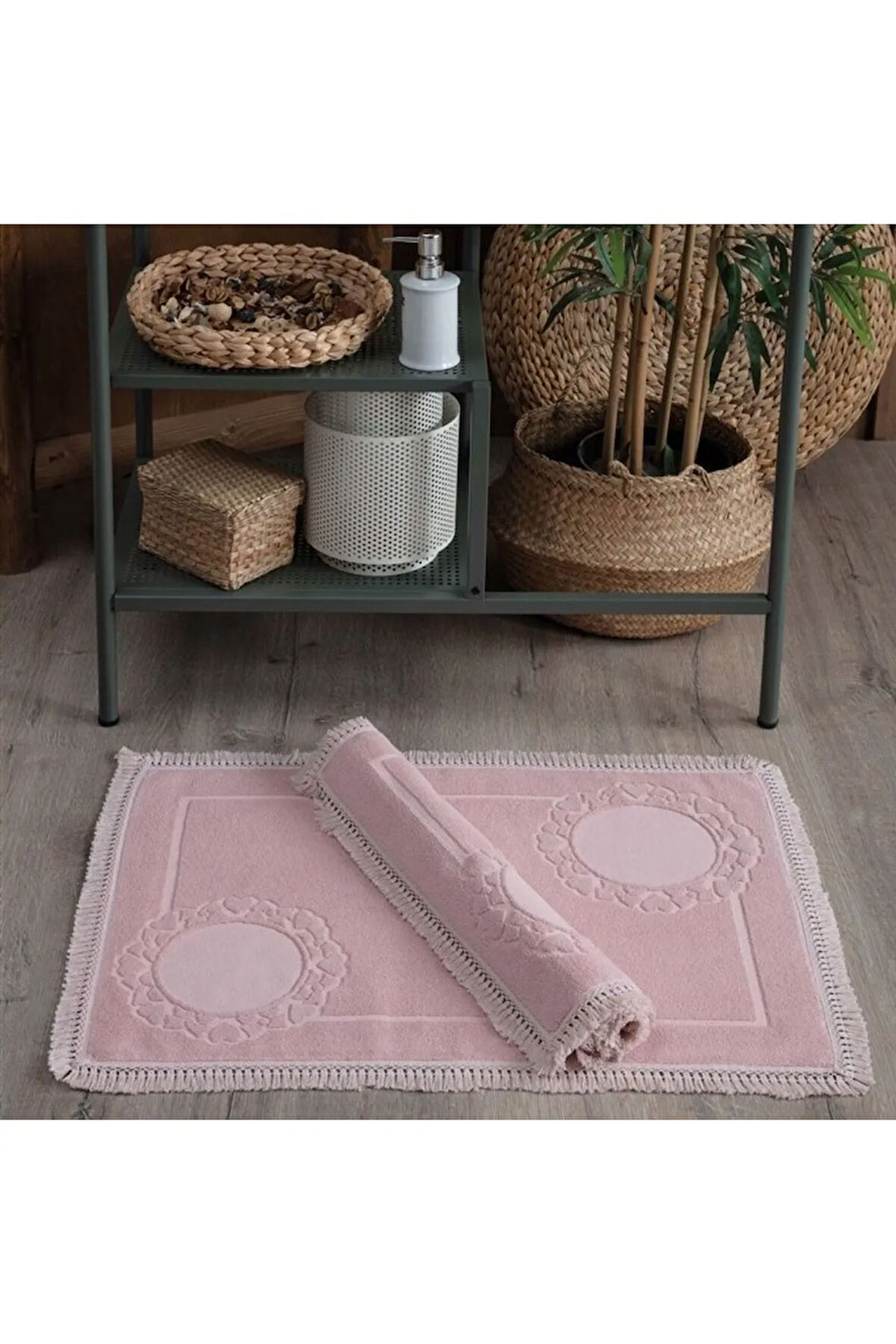 2'li Set Püskül Dantelli Ayak Havlusu 50x70 Cm - Yumuşak Ve Su Emici-Pudra