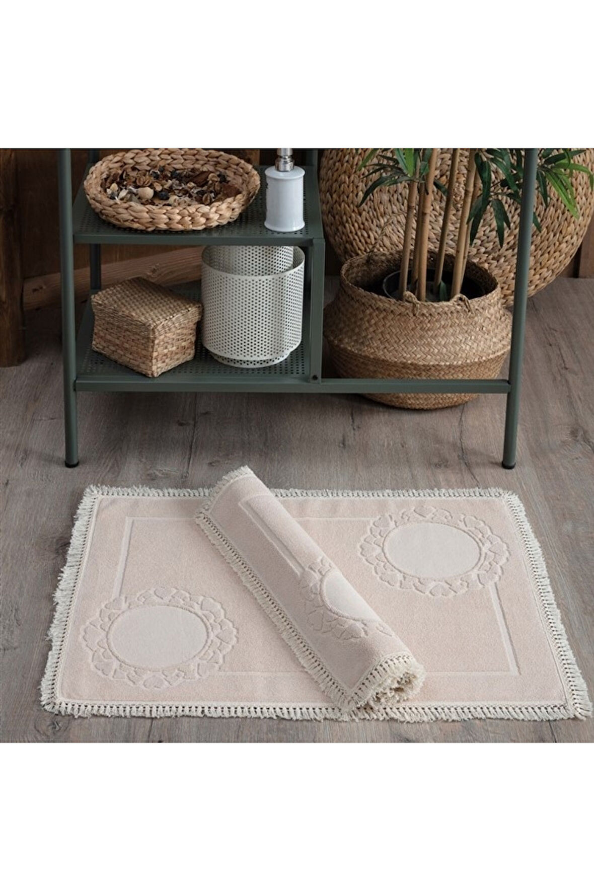 Püskül Dantelli Ayak Havlusu 50x70 cm  -2 adet-Bej