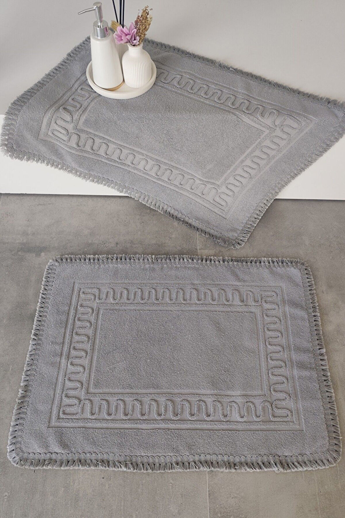 Sevim 2'li Püsküllü Ayak Havlusu-%100 Pamuk-50x70 cm-Gri