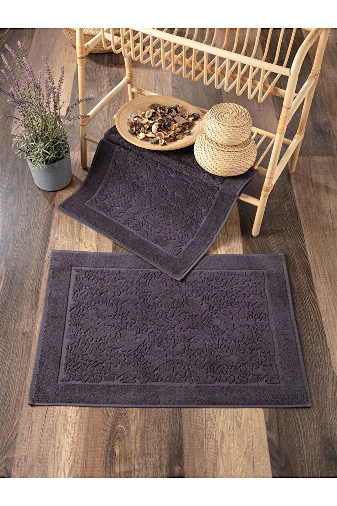 2'li Ayak Havlusu - Yüksek Su Emici & Yumuşak & Damask Desen - %100 Pamuk - Antrasit - 50x70cm