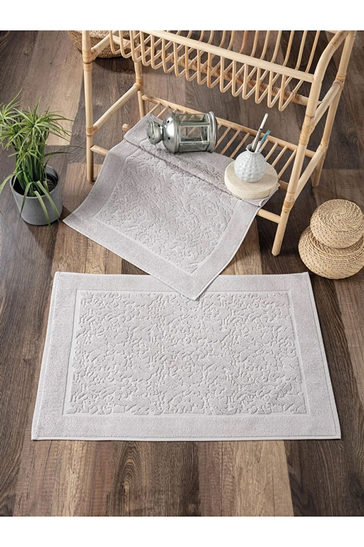 %100 Pamuklu 2'li Set Ayak Havlusu - Yumuşak & Kalın - Gri & Damask Desenli Havlu Takımı - 50x70 Cm