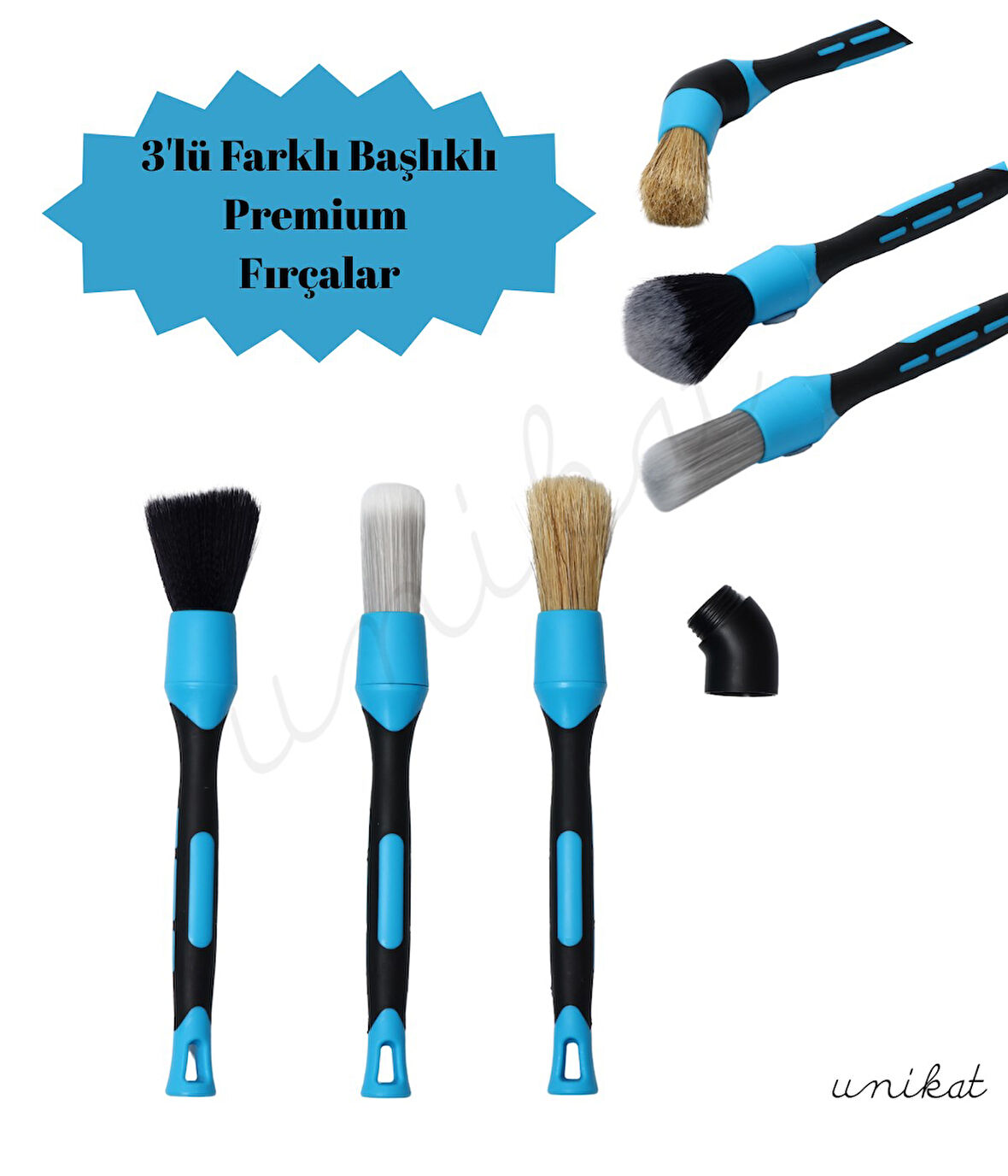 3'lü Premium Mavi Detay Temizlik Fırçası Değiştirilebilir Başlık Set