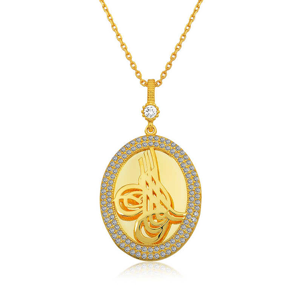 Özel Kutu ve Gümüş Bezi İle Gümüş Gold Tuğralı Oval Bayan Kolye