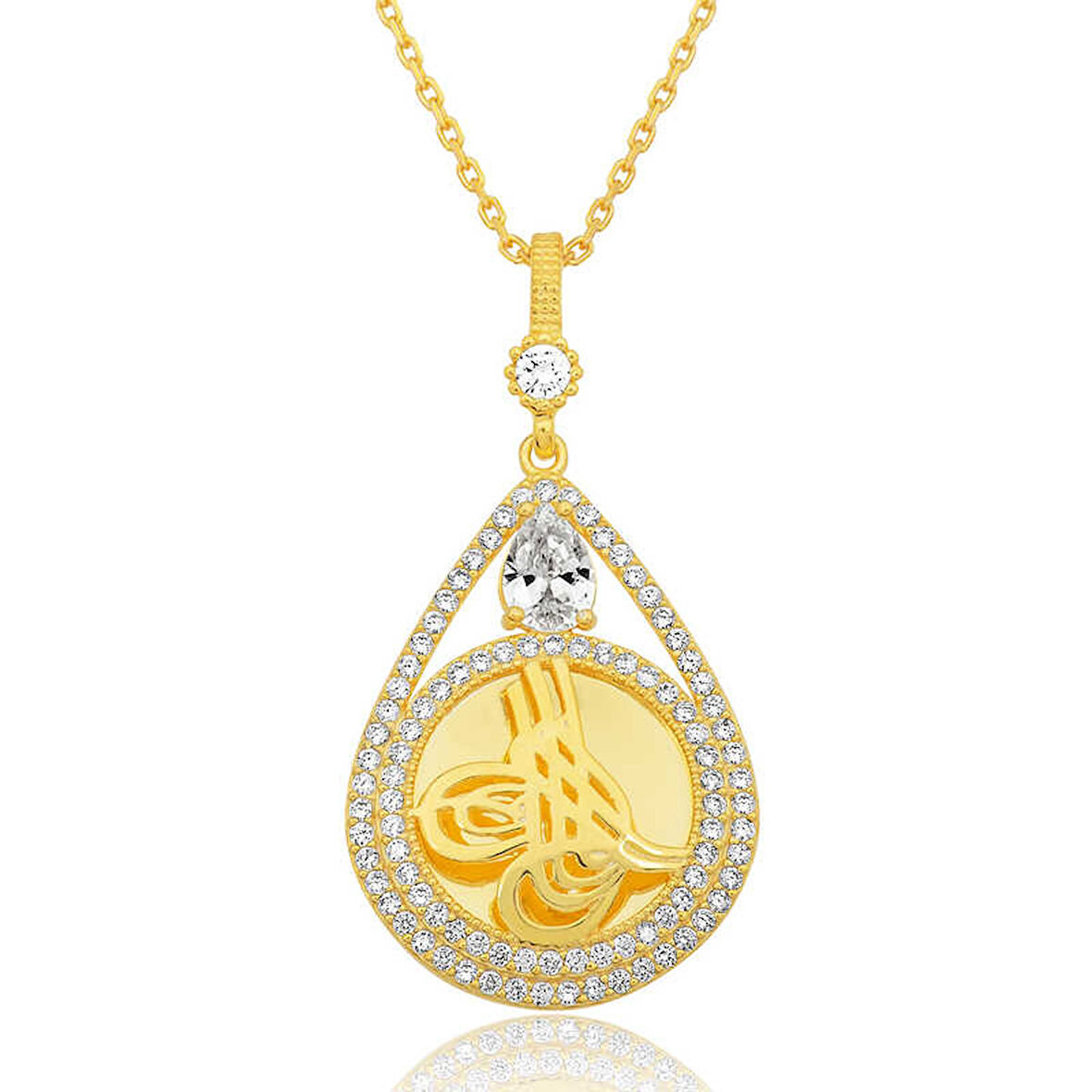 Özel Kutu ve Gümüş Bezi İle Gümüş Gold Kaplama Damla Tuğralı Kadın Kolye