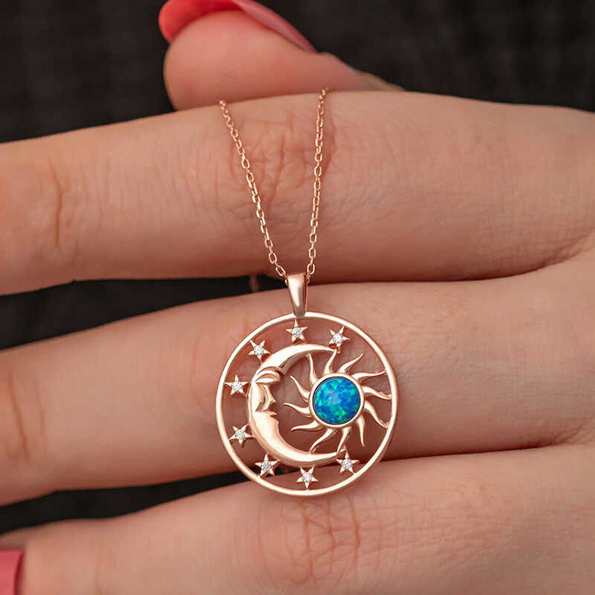 Özel Kutu ve Gümüş Bezi İle Gümüş Rose Opal Mavi Taşlı Ay Güneş Kadın Kolye