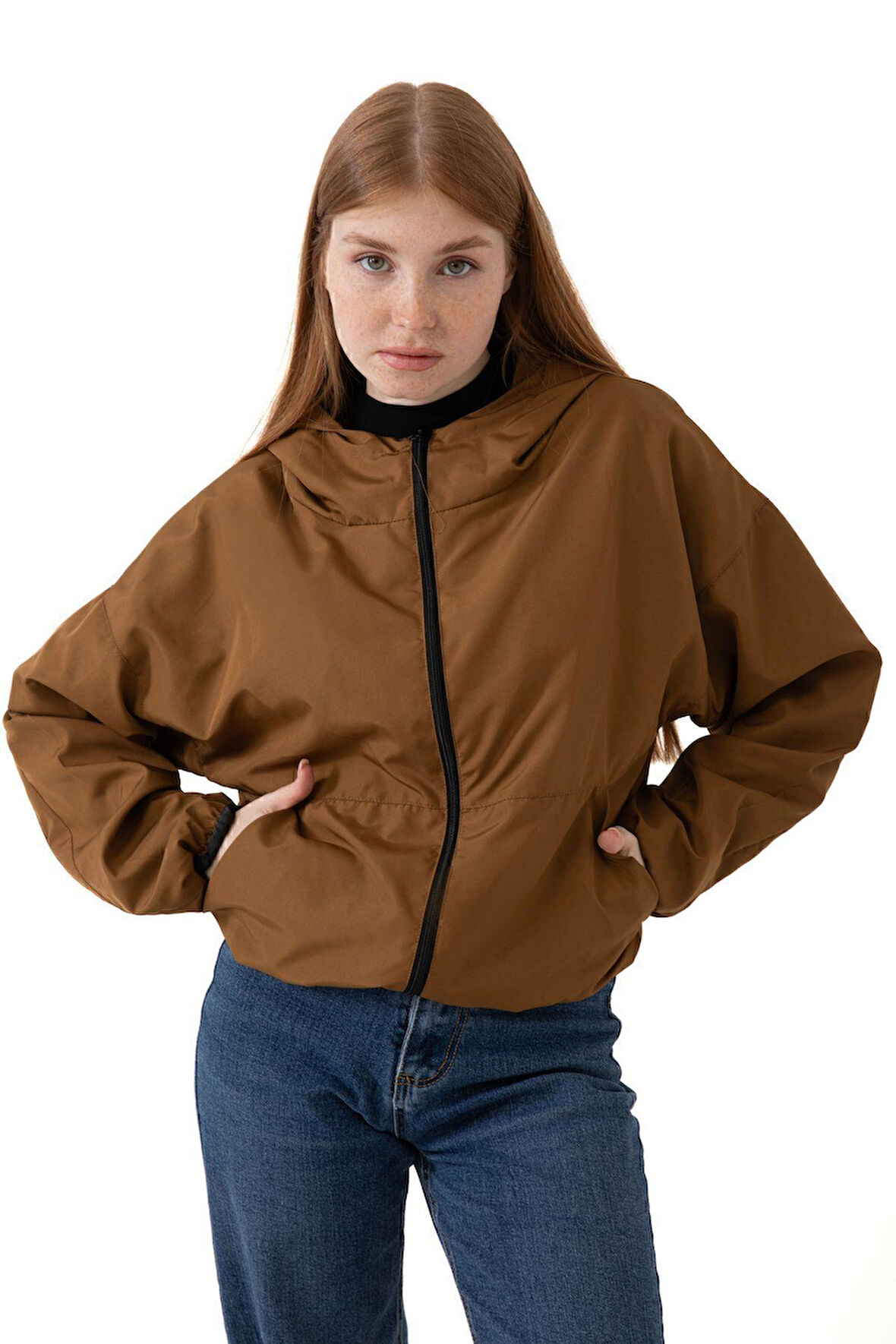 Kadın Su Yeşili Kapüşonlu Su ve Rüzgar Geçirmez Cepli Astarlı Oversize Mevsimlik Yağmurluk