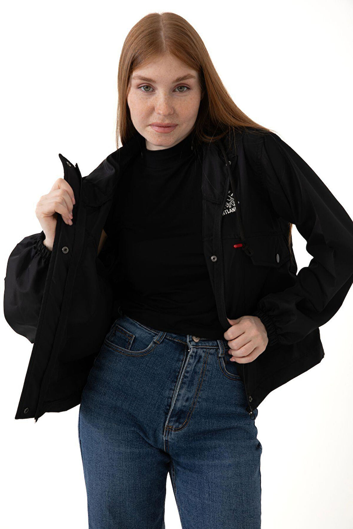 Kadın Taba Su Geçirmez Ve Rüzgara Dayanıklı Kapüşonlu Cepli Çıt Çıtlı Mevsimlik Yağmurluk