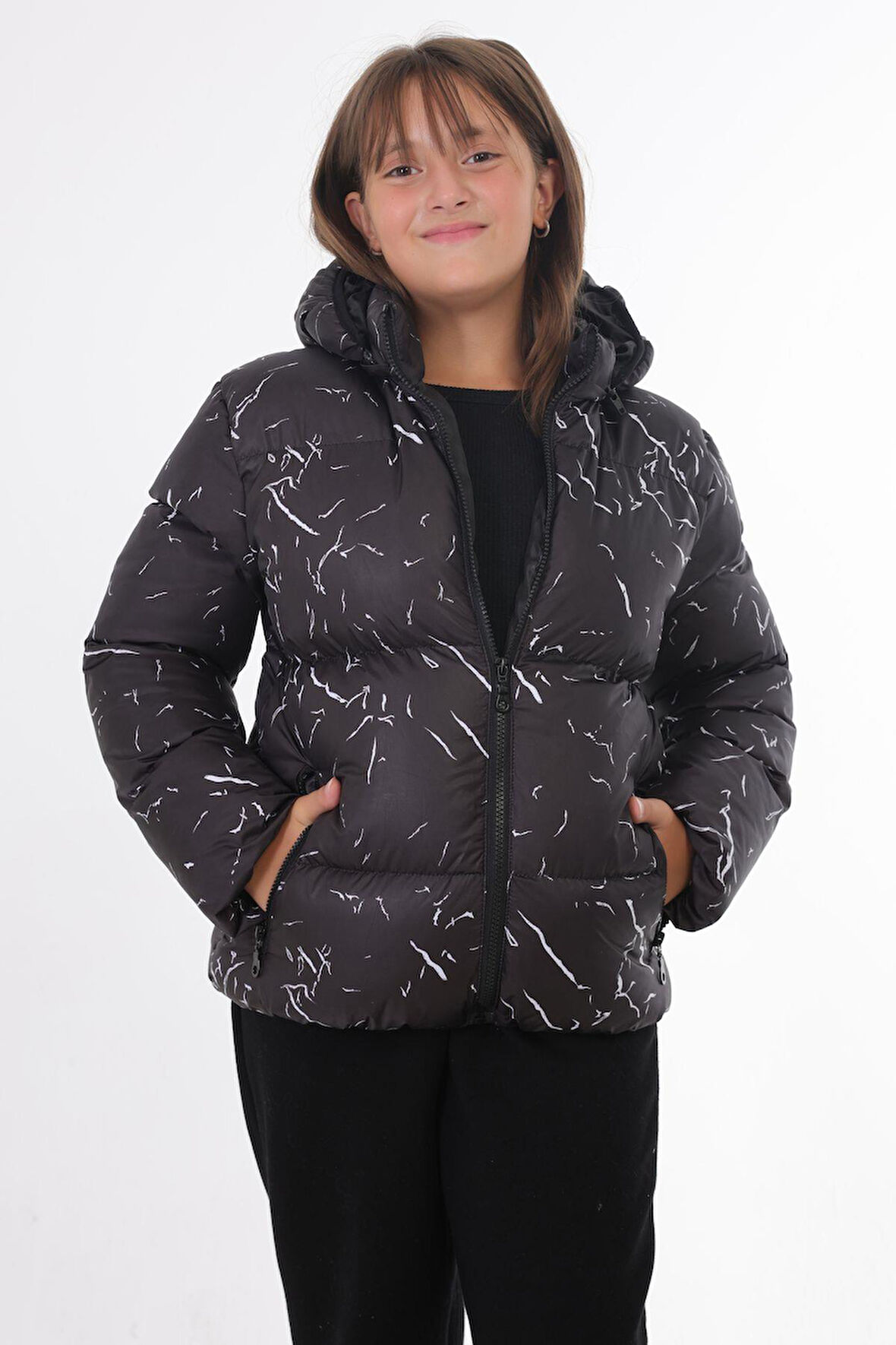 Kız Çocuk Çıkabilir Kapüşonlu Su ve Rüzgar Geçirmez Cepli Kışlık Şişme Mont & Kaban & Parka