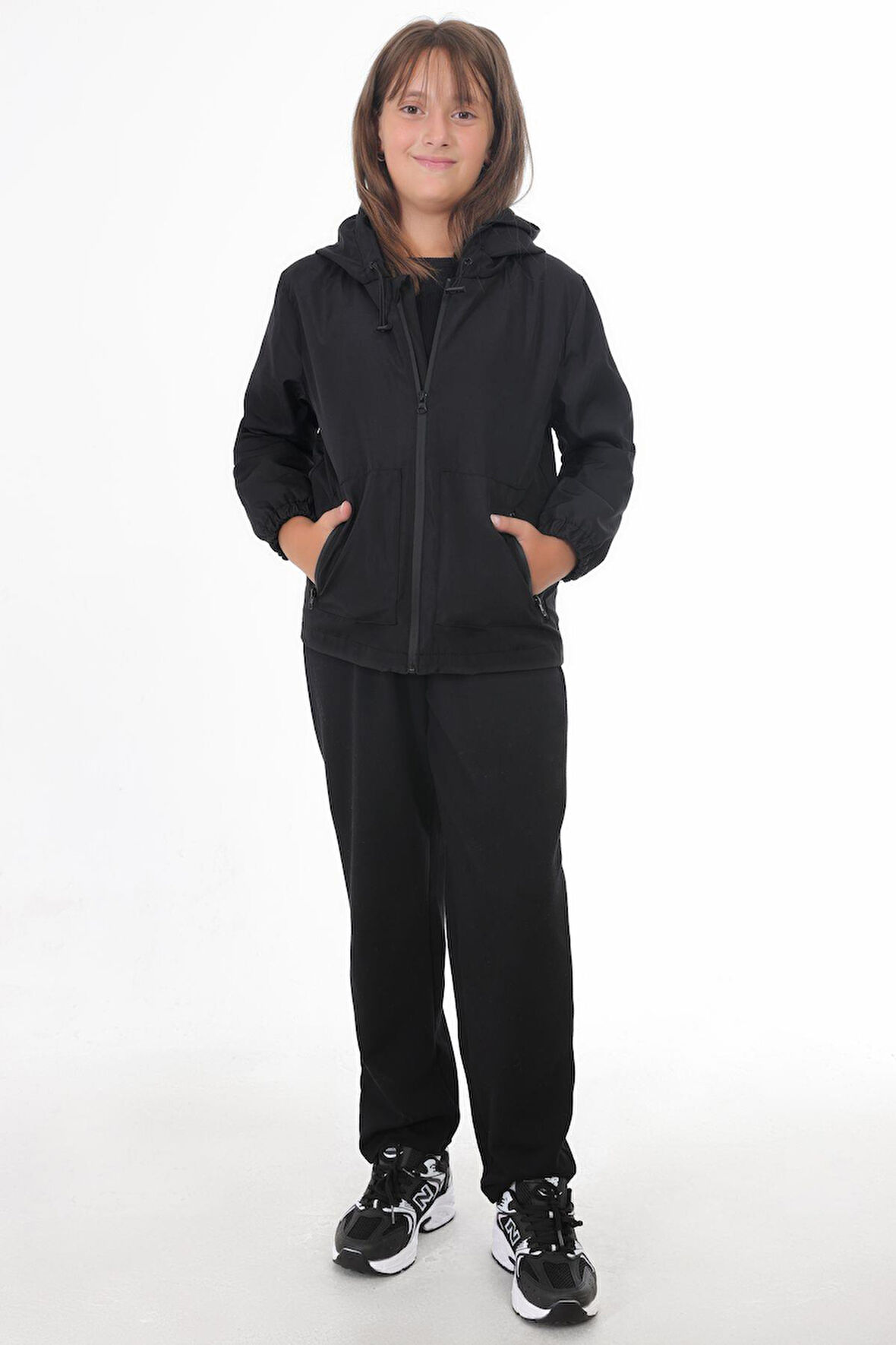 Kız Çocuk Astarlı Su ve Rüzgar Geçirmez Kapüşonlu Çift Fermuarlı Cepli Yağmurluk