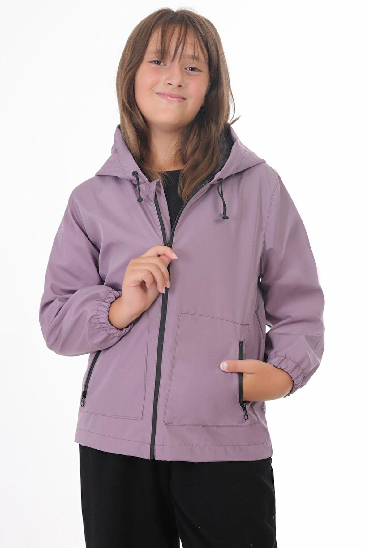 Kız Çocuk Astarlı Su ve Rüzgar Geçirmez Kapüşonlu Çift Fermuarlı Cepli Yağmurluk