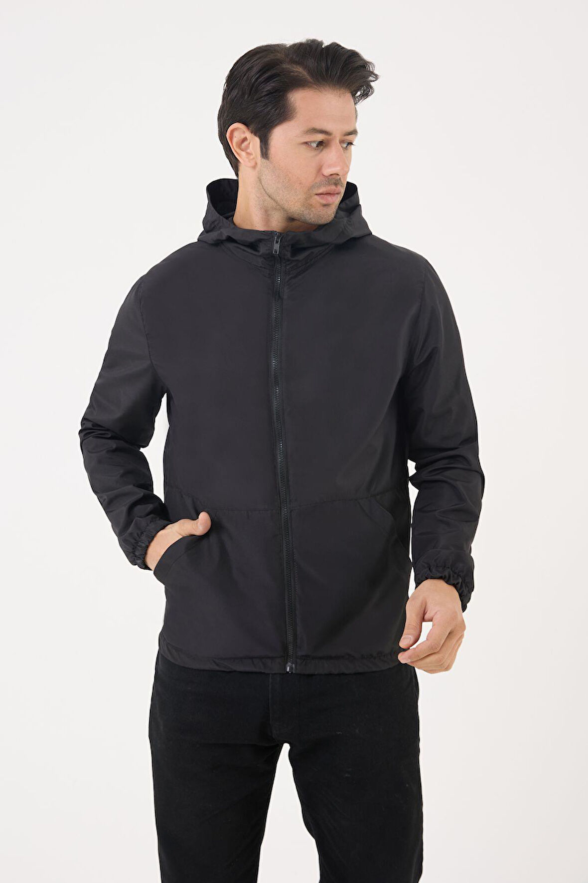 Erkek Kapüşonlu Su ve Rüzgar Geçirmez Cepli Astarlı Oversize Yağmurluk