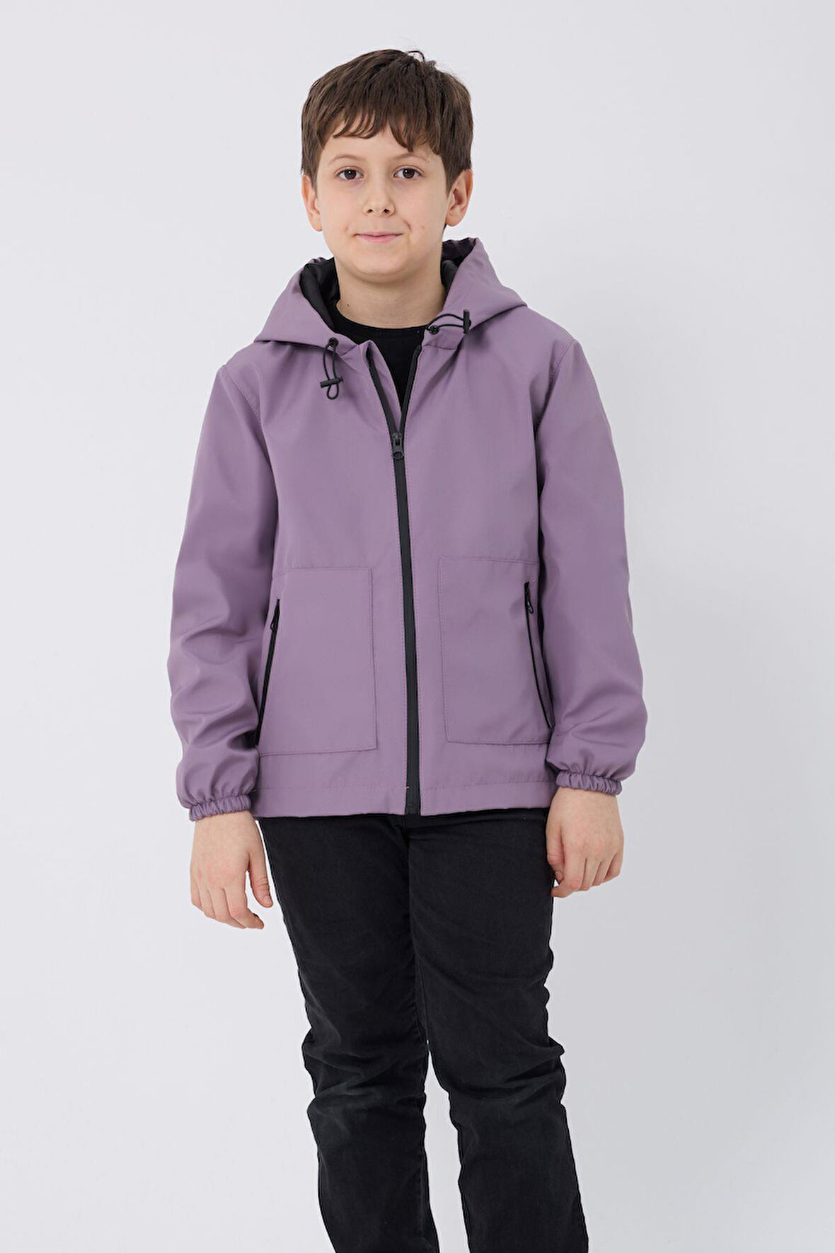 Erkek Çocuk Taba Astarlı Su ve Rüzgar Geçirmez Kapüşonlu Çift Fermuarlı Cepli Yağmurluk