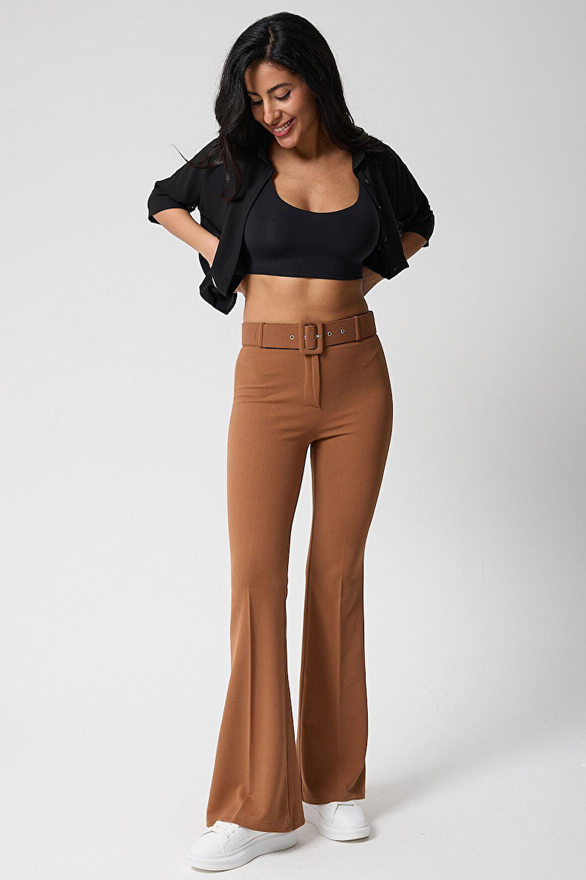 Kadın Kemerli Yüksek Bel İspanyol Paça Pantolon