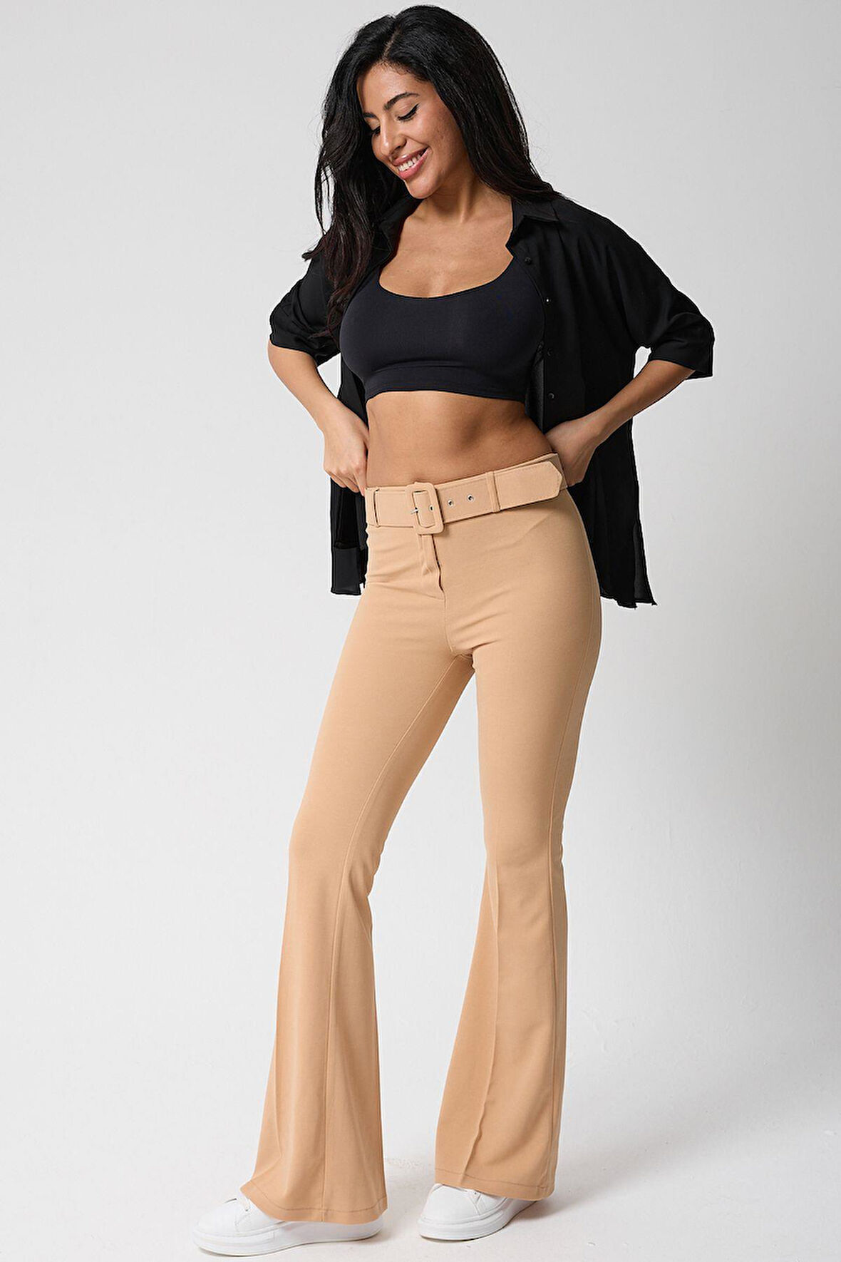 Kadın Kemerli Yüksek Bel İspanyol Paça Pantolon