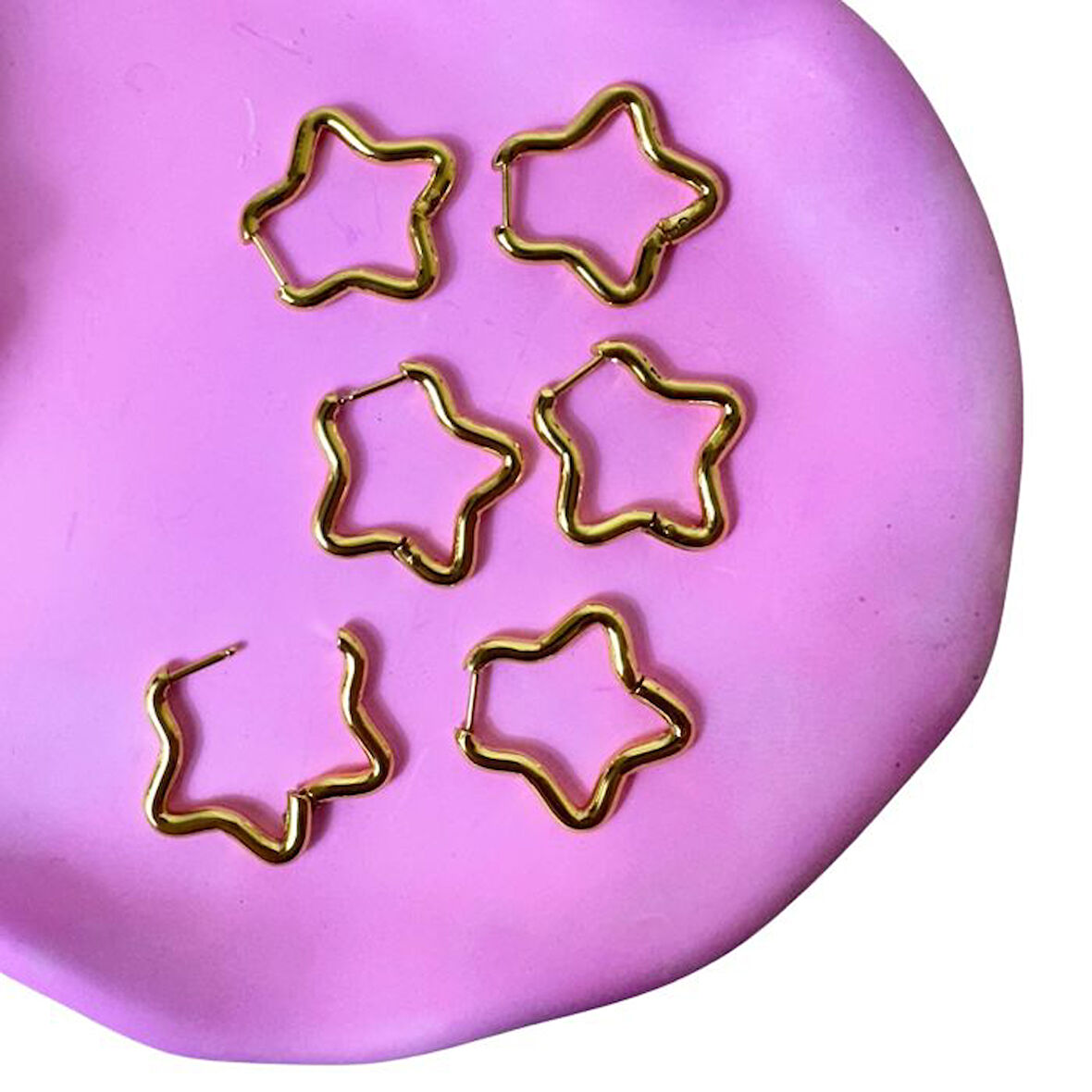 Uretti - Melik 9215  6'lı Gold Renkli Yıldız Küpe 3 Çift Kombin Çoklu Küpe