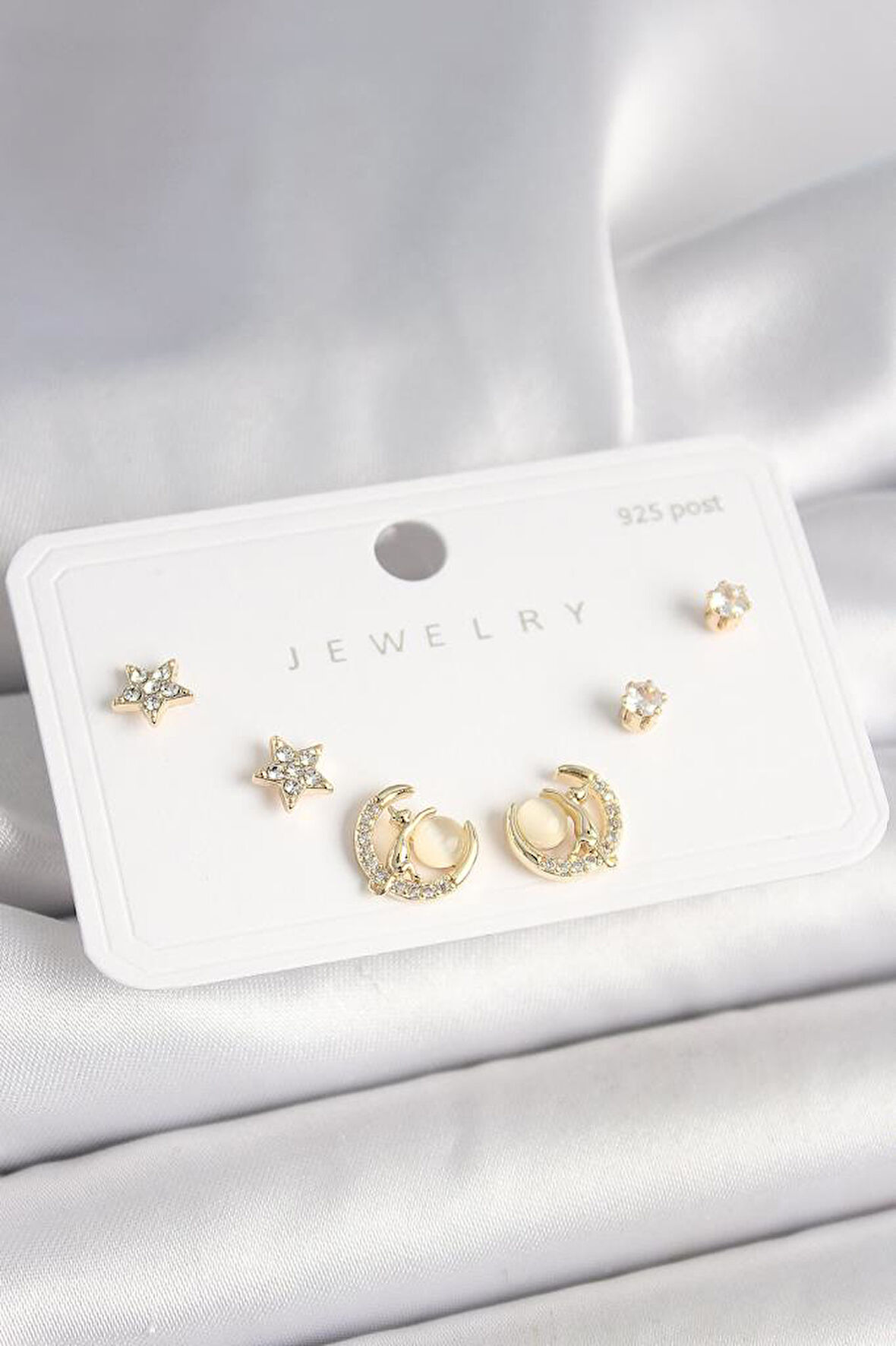 925 Ayar Gümüş Çivi Zirkon Taşlı Hilal Yıldız Model Kadın Küpe Seti - BKP10399 (944944)
