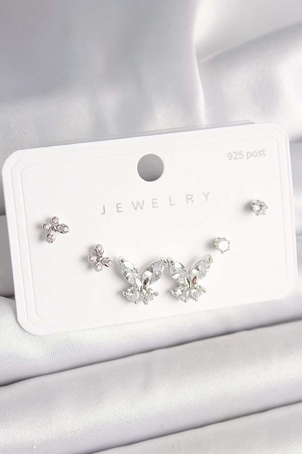 925 Ayar Gümüş Çivi Pirinç Zirkon Taşlı Kelebek Model Kadın Küpe Seti - BKP10402 (944944)