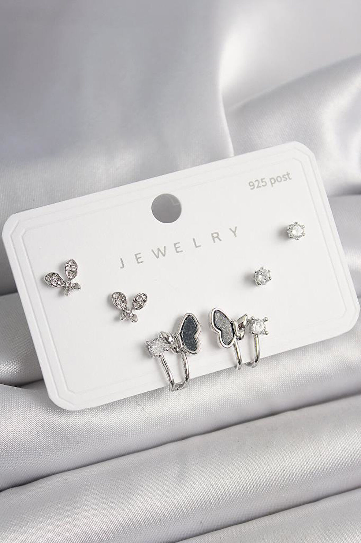 925 Ayar Gümüş Çivi Pirinç Gümüş Renk Zirkon Taşlı Kelebek Model Kadın Küpe Seti - BKP10404 (944944)