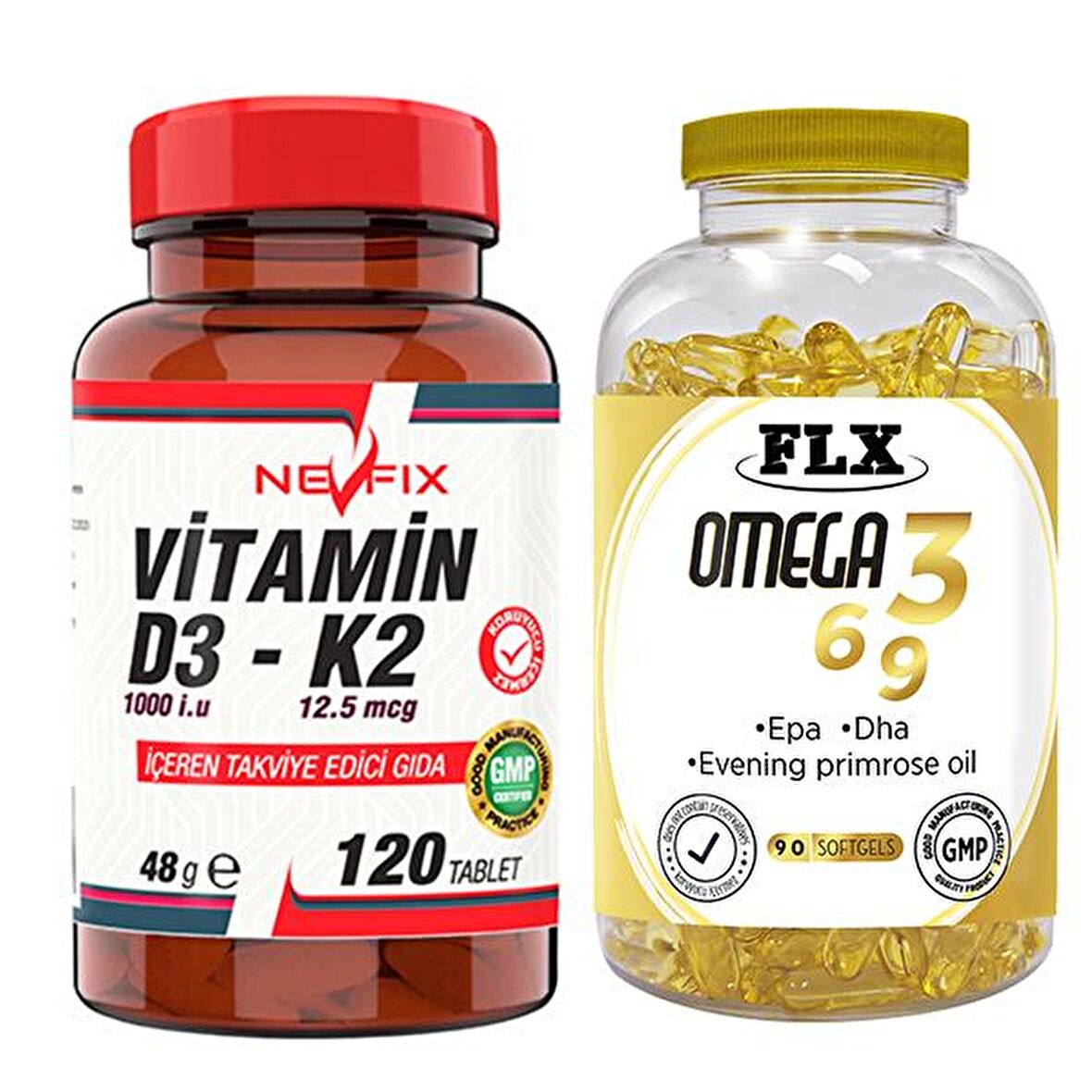 Nevfix Vitamin D3-K2 120 Tablet & Flx Omega 3-6-9 90 Tablet