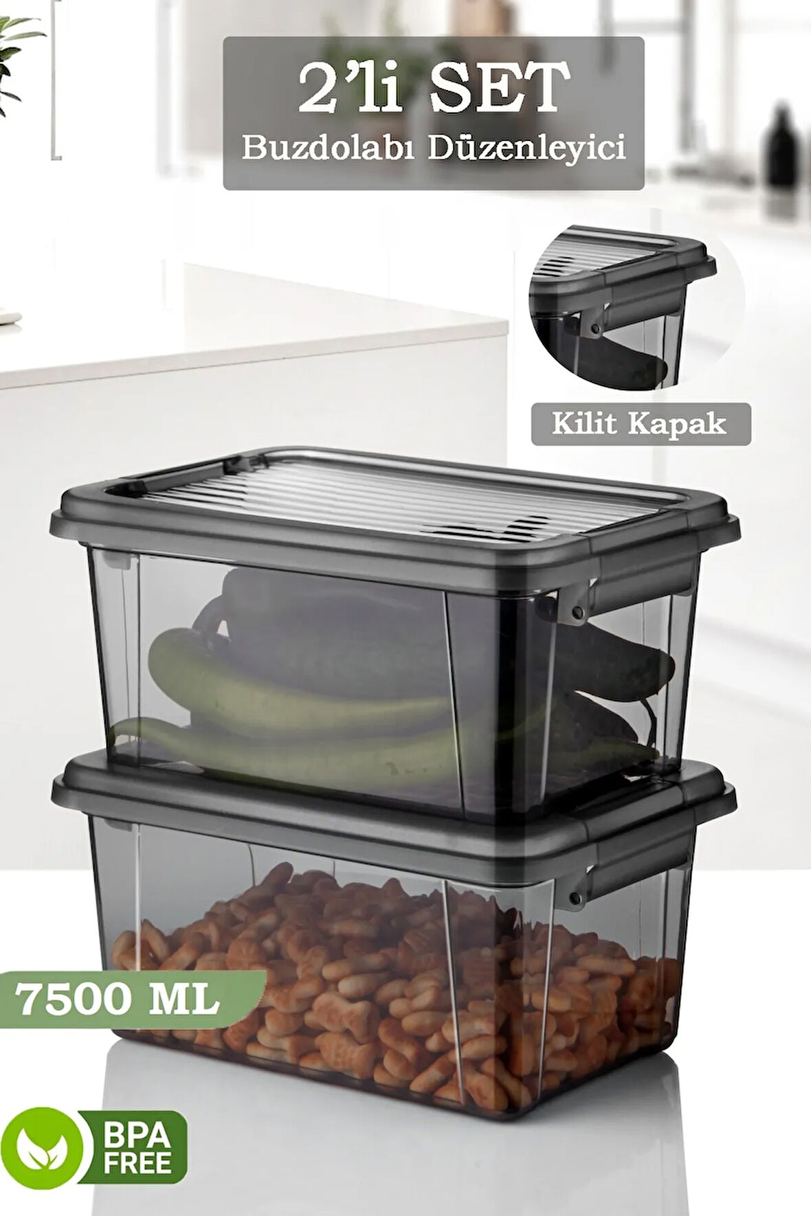 2'li 7,5 Lt Kilit Kapaklı Erzak Saklama Kabı Çok Amaçlı Düzenleyici Kutu Gıda Bakliyat Kabı Antrasit