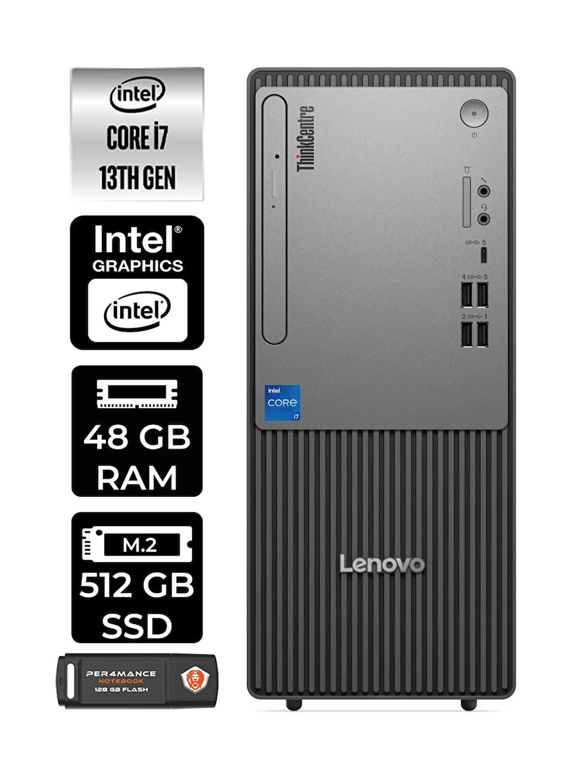 Lenovo ThinkCentre Neo 50T G5 i7 13700 48GB 512GB SSD W11H Masaüstü Bilgisayar & PER4 USB Bellek