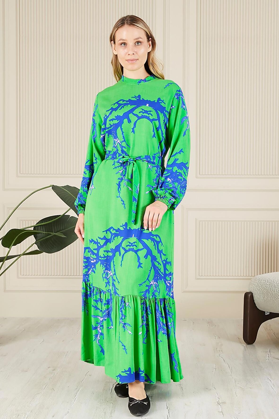 Kadin Hakim Yaka Buyuk Beden Elbise Tesettur Viskon Kumas Pileli Ve Piliseli Elbise 