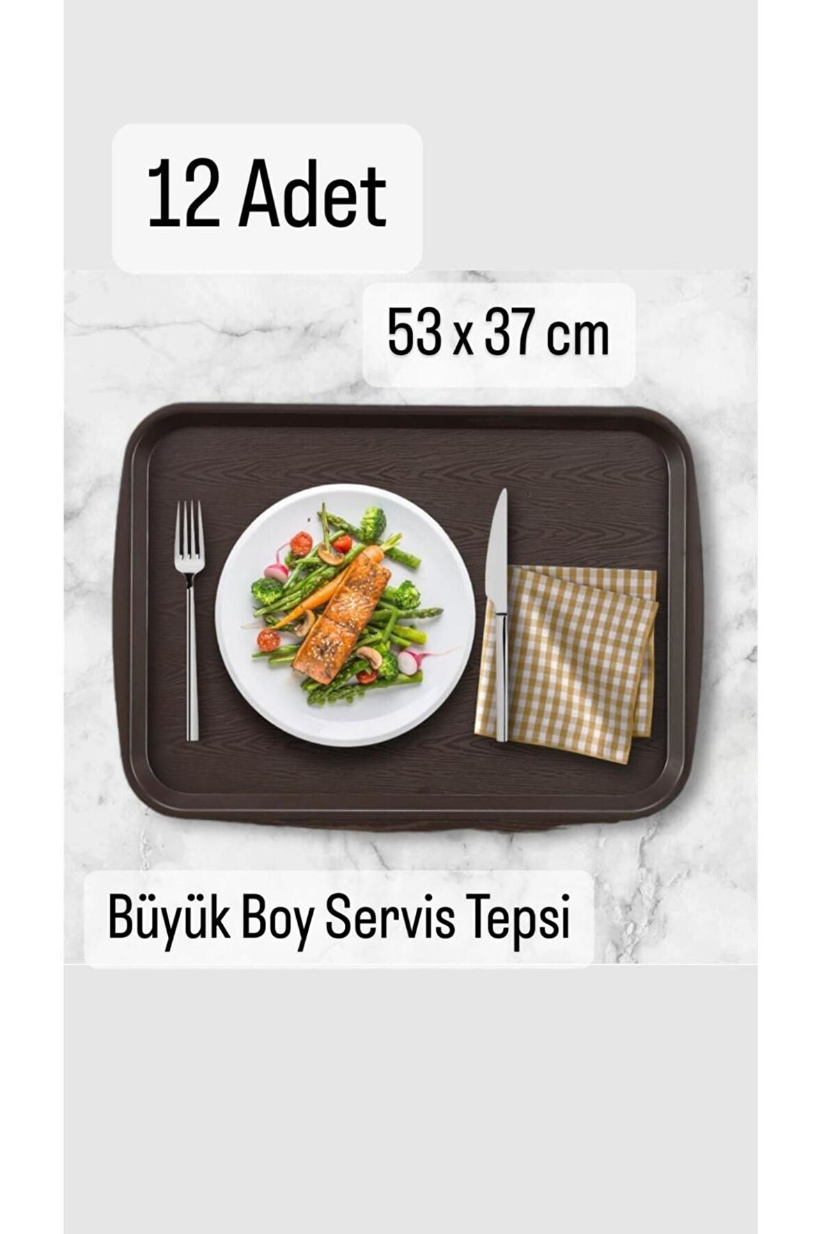 12 'li Büyük Boy Kahverengi Plastik Tepsi 53 x 37 cm Yemekhane tepsisi - Restoran Servis