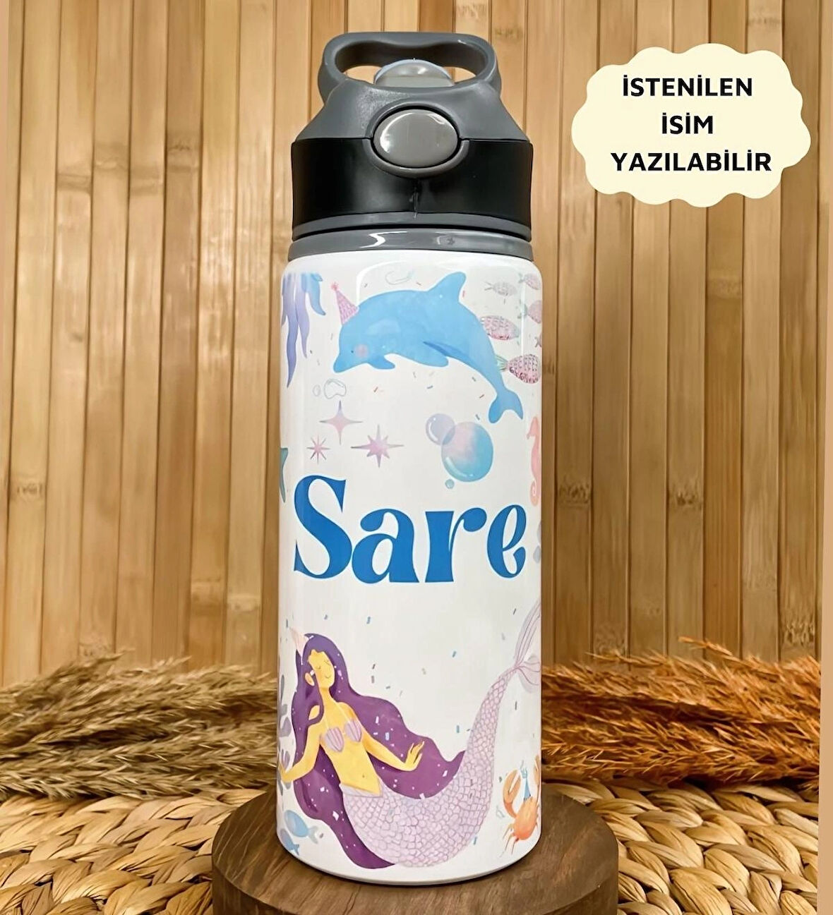 Kişiye Özel İsimli Kız Çocuk Deniz Kızı Pipetli Suluk Matara 650 ml