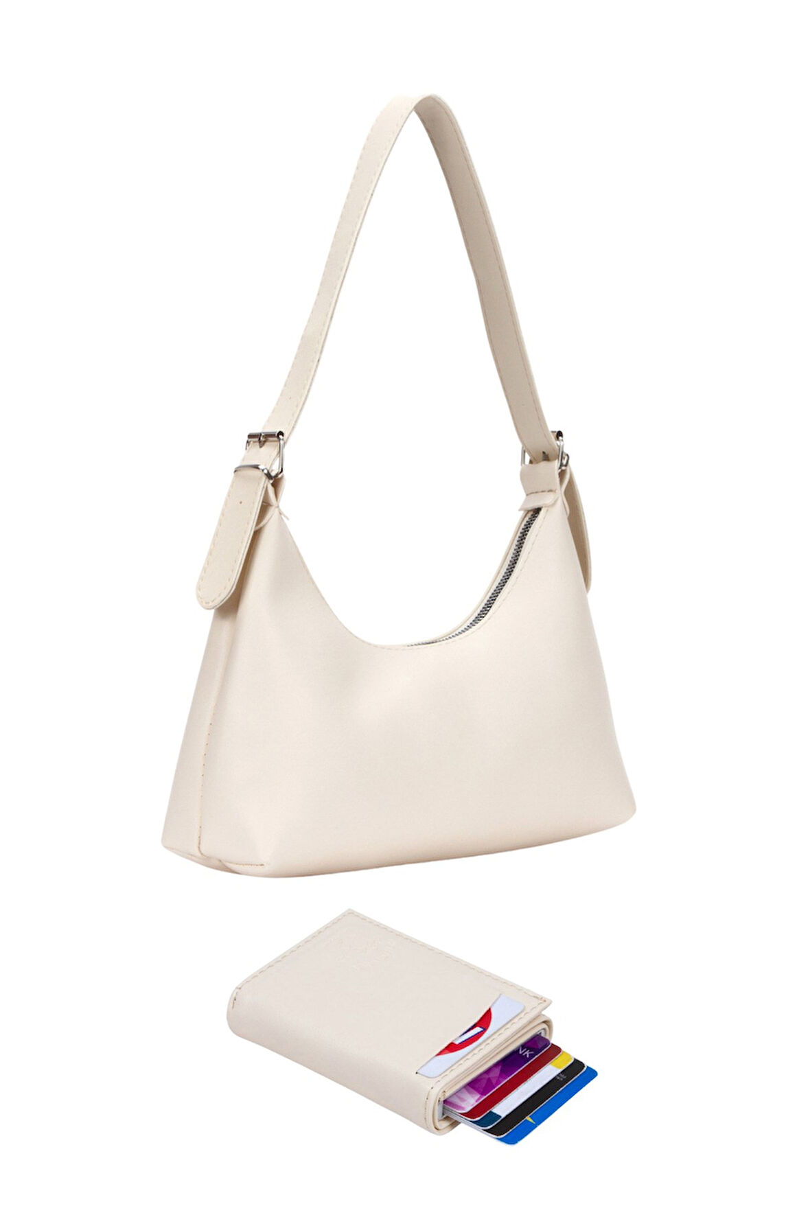 Kadın Çanta ve Cüzdan Seti Baget Kol Omuz Çantası ve Mekanizmalı Cüzdan