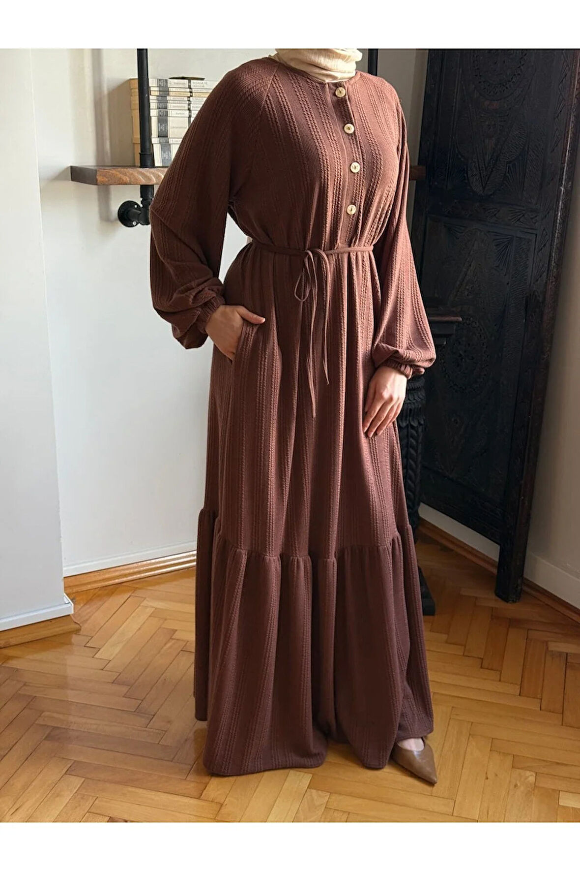 Reglan Kol Yarım Pat Eteği büzgülü Örme Elbise 2416 NAVRA |