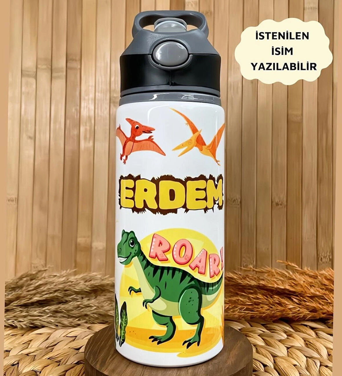 Kişiye Özel İsimli Erkek Çocuk Dinozor Pipetli Suluk Matara 650 ml