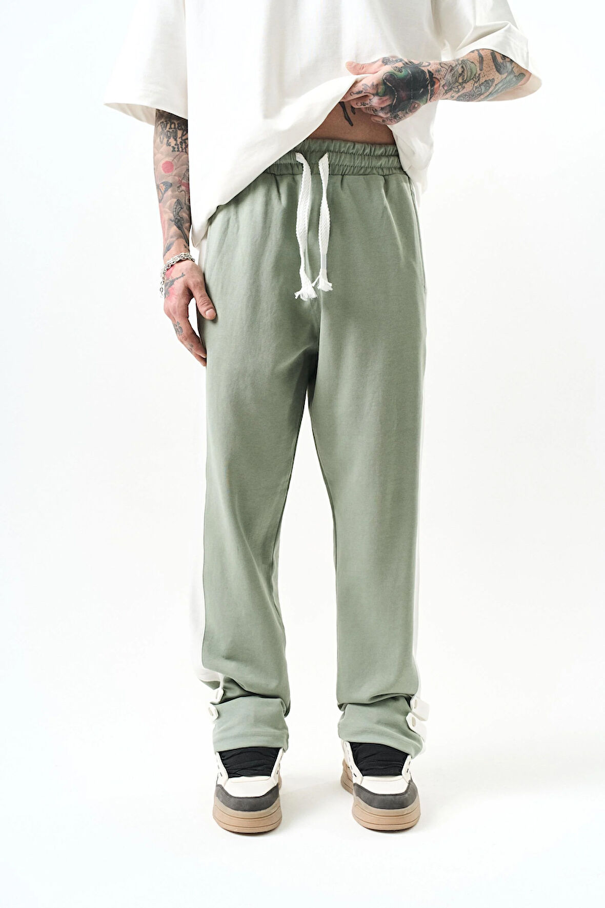 Erkek Paça Detaylı İnterlok Baggy Eşofman Altı Mint