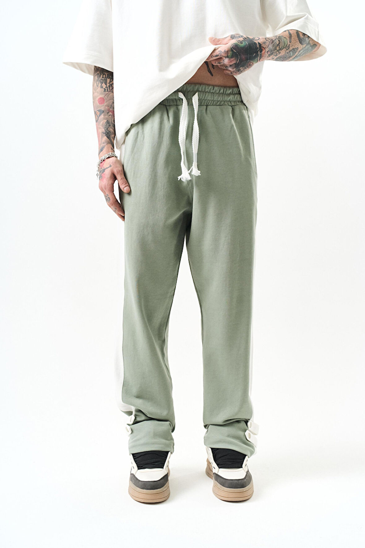 Erkek Paça Detaylı İnterlok Baggy Eşofman Altı Mint