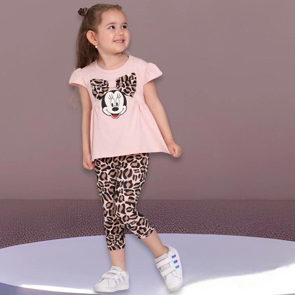Somon Renk Minie Mouse Papyon Desenli Leopar Kapri Takım