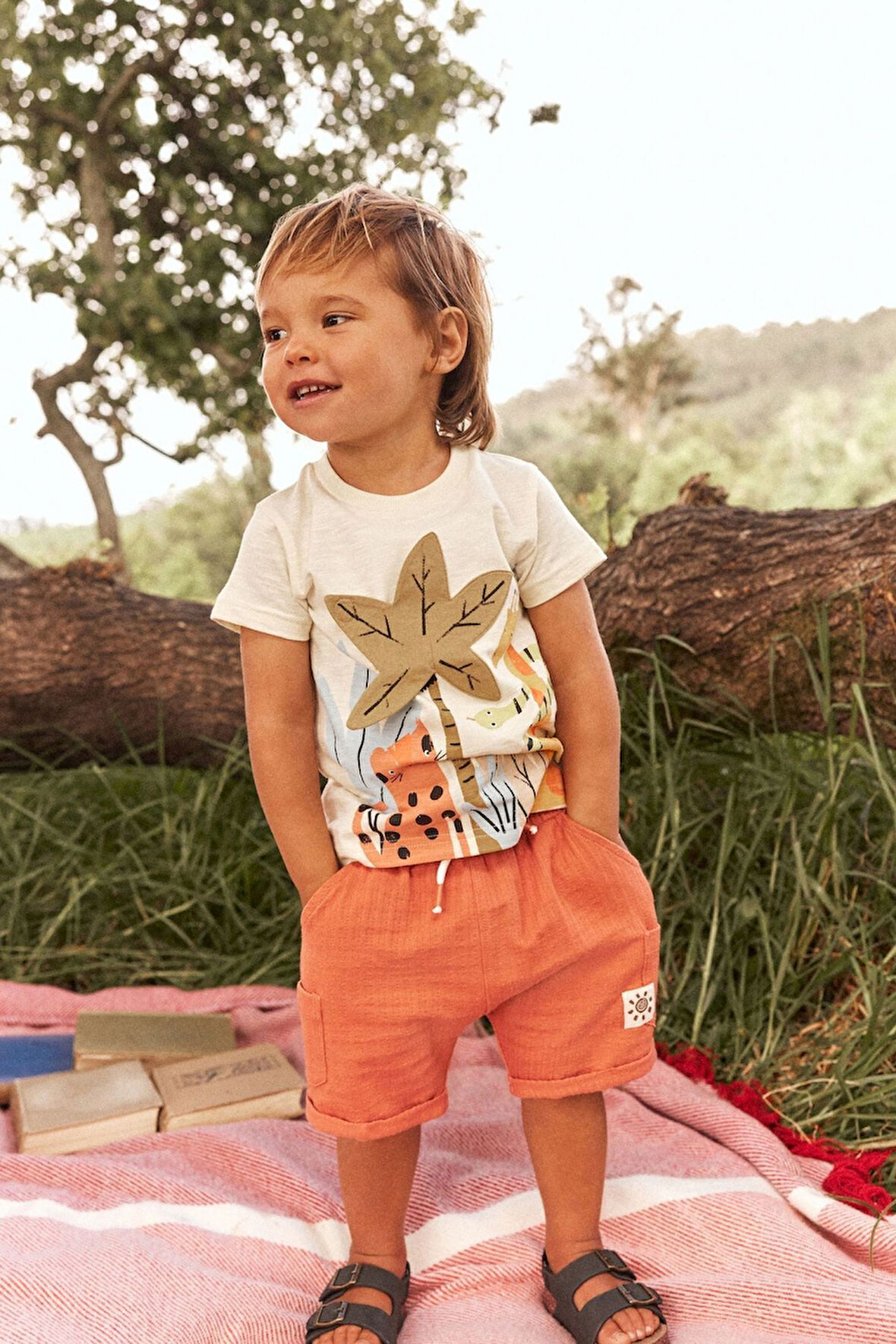 Next Baby % 100 Pamuklu Beyaz Turuncu Hayvan Desenli Şortlu Alt Üst Takım