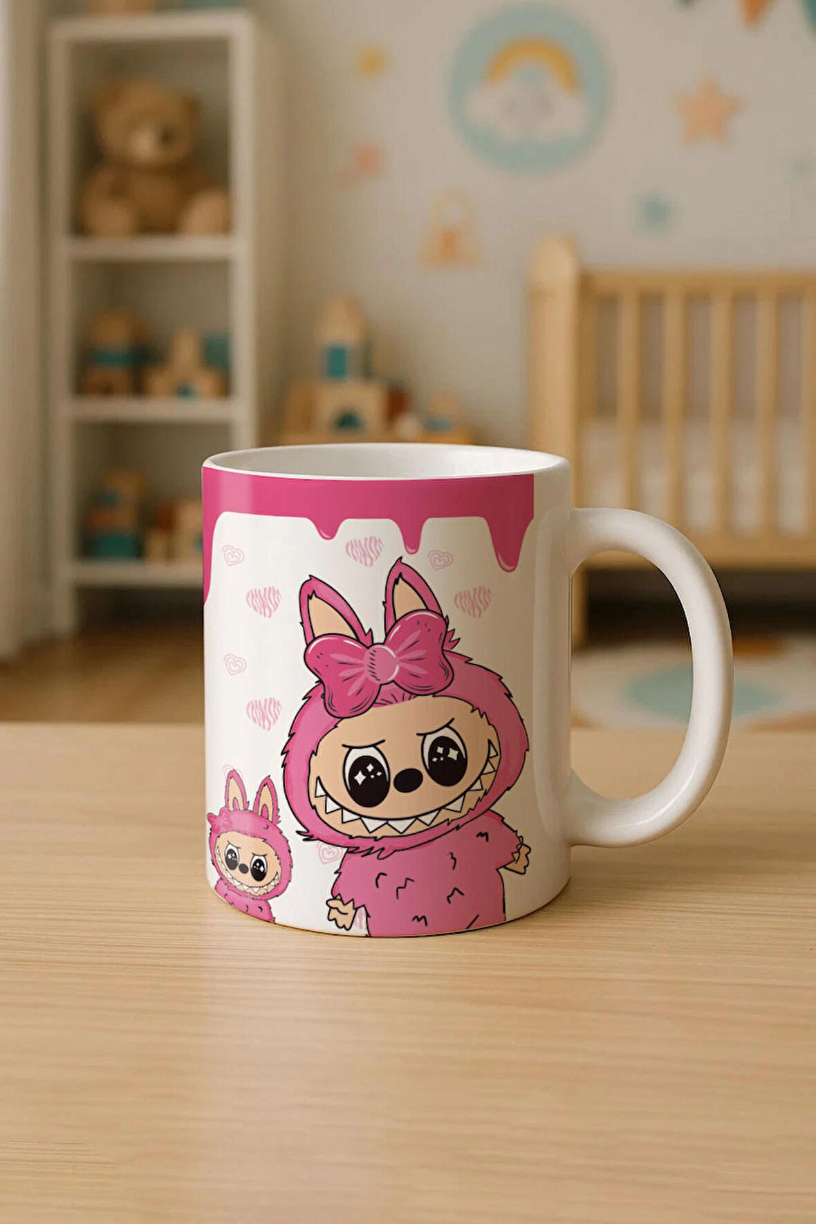 PEMBE LABUBU BASKILI KUPA BARDAK