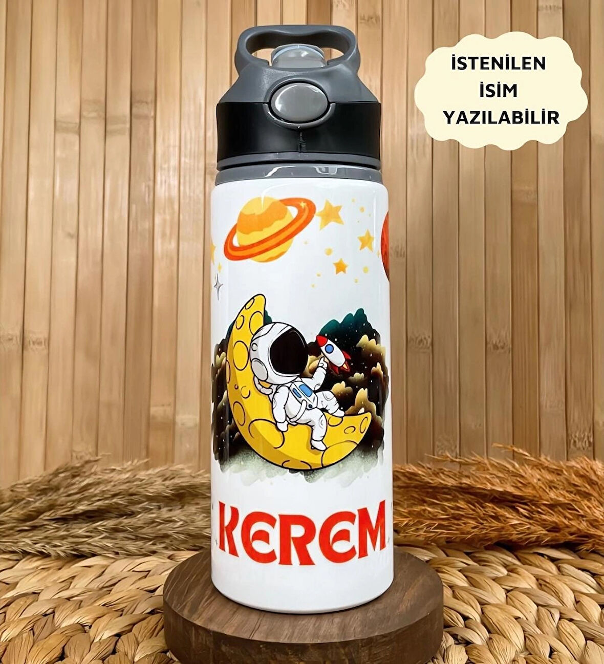 Kişiye Özel İsimli Özel Erkek Çocuk Astronot Uzay Pipetli Suluk Matara 650 ml