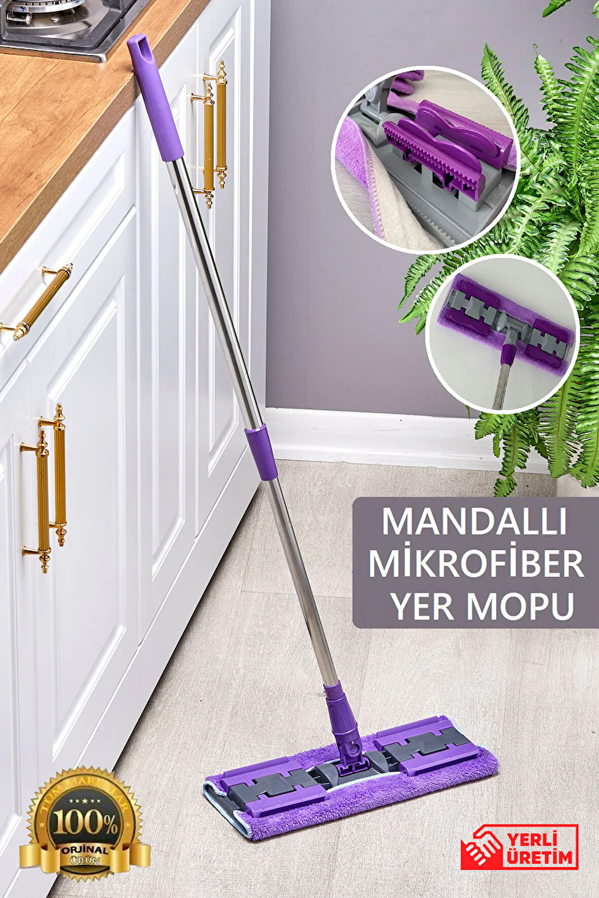 Mandallı Mikrofiber Mop - Otella Yer Duvar Cam Silme Temizlik Mopu & Kıskaçlı Teleskopik Paspas Seti