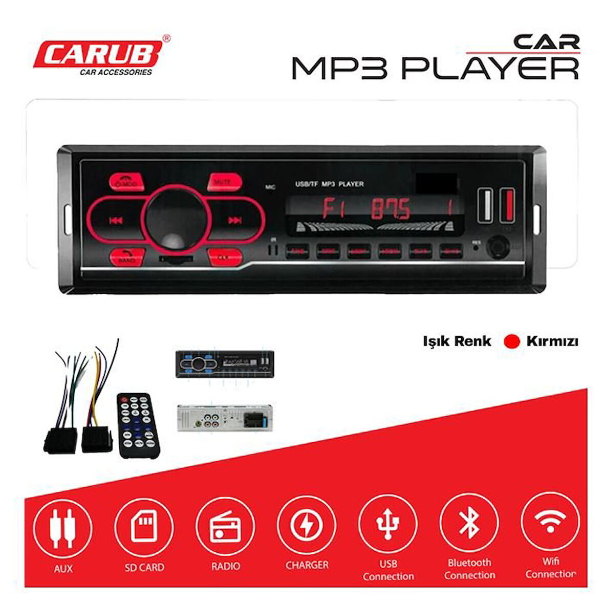 CARUB Oto Teyp Usb Çalar 12V Kırmızı Işık