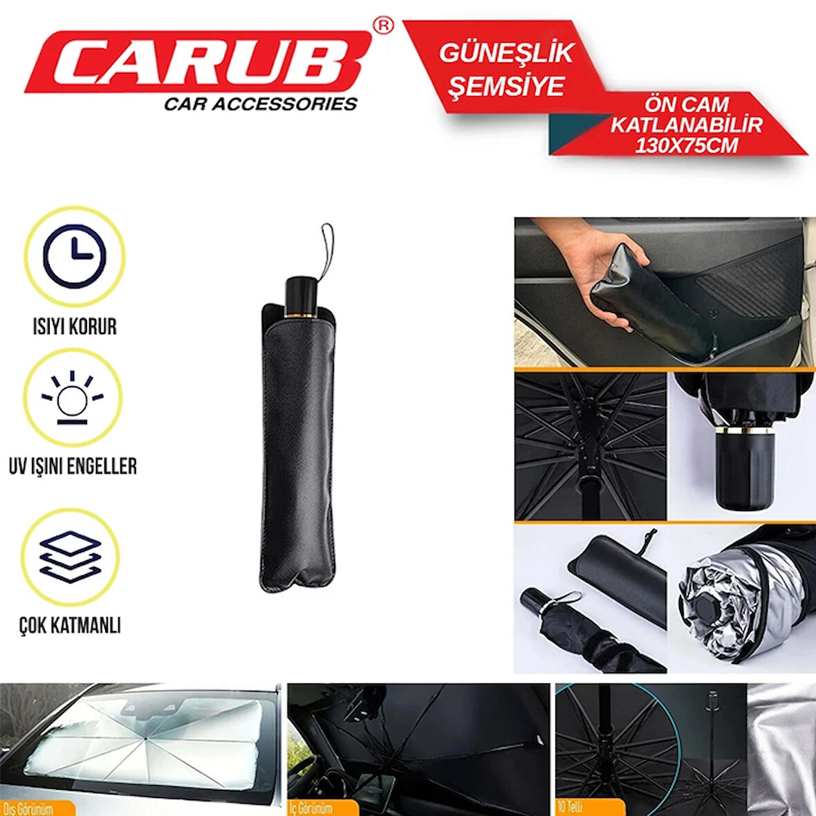 CARUB Güneşlik Ön Şemsiye Katlanır Orta 130x75