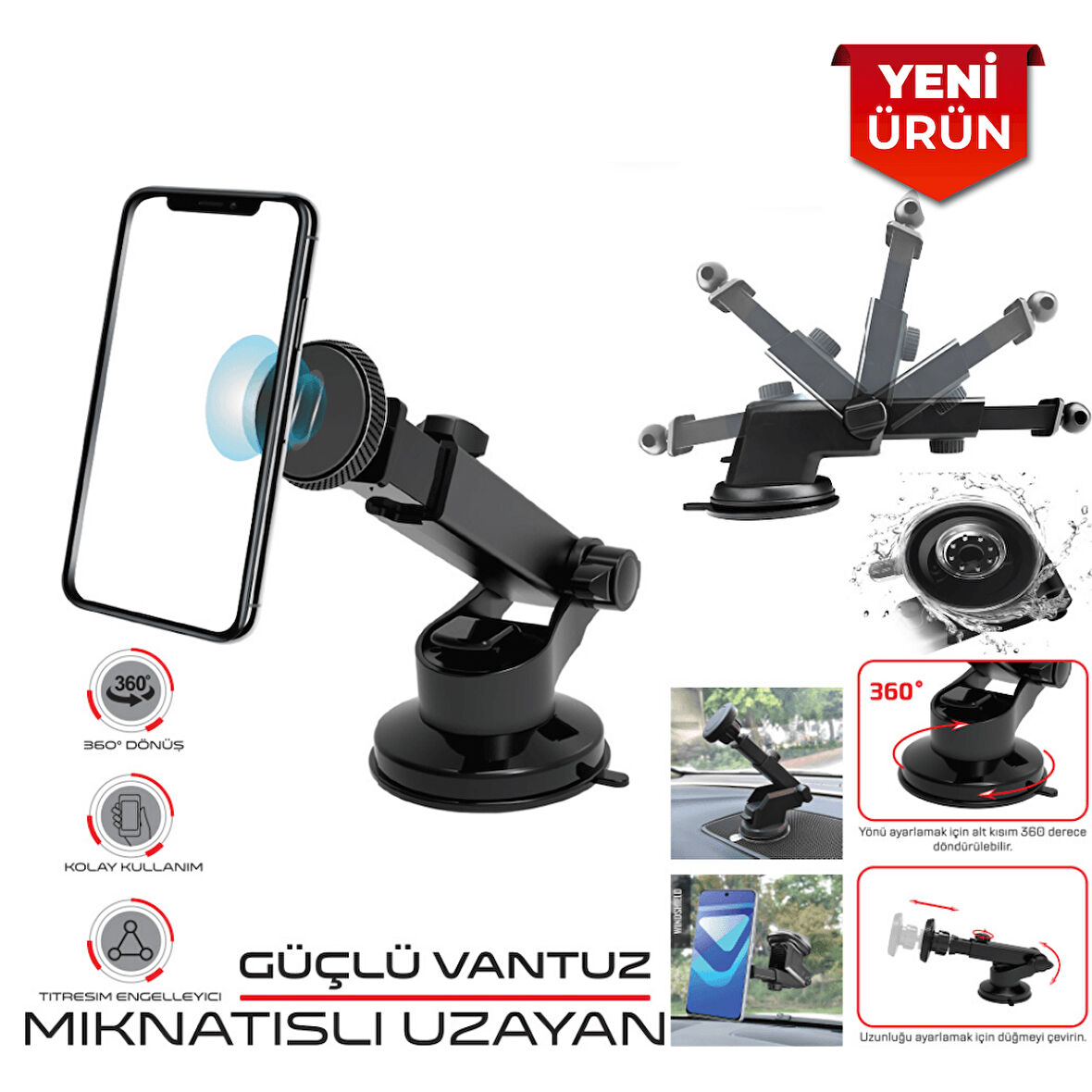 Araç İçi Mıknatıslı Vantuzlu 360 Derece Ayarlanabilir Telefon Tutucu – Siyah BR590 1071