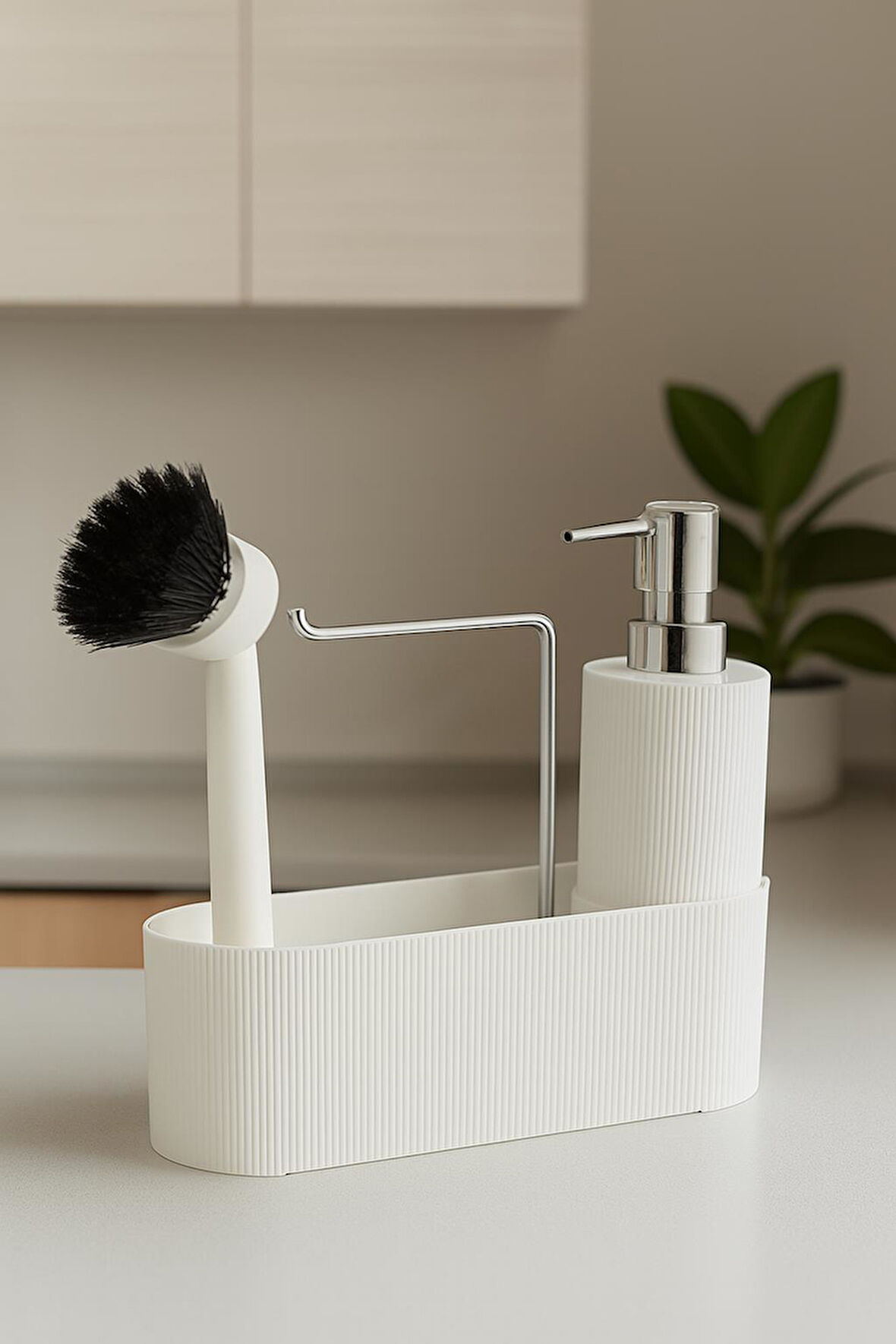 Beyaz Fırçalı Sabunluk - Mutfak,Lavabo Düzenleyici Seti,Organizer