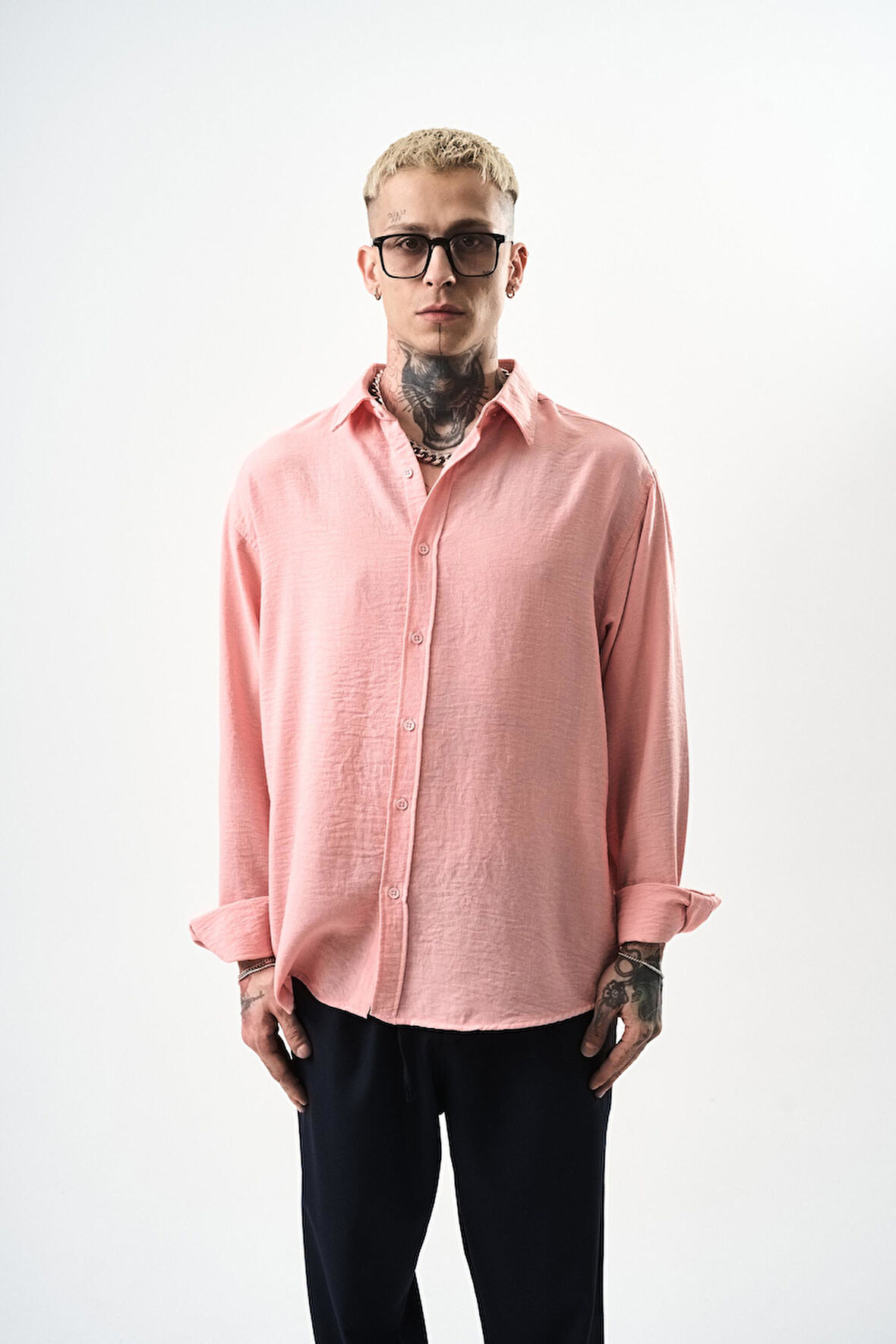 Erkek Oversize Krinkıl Gömlek Pembe