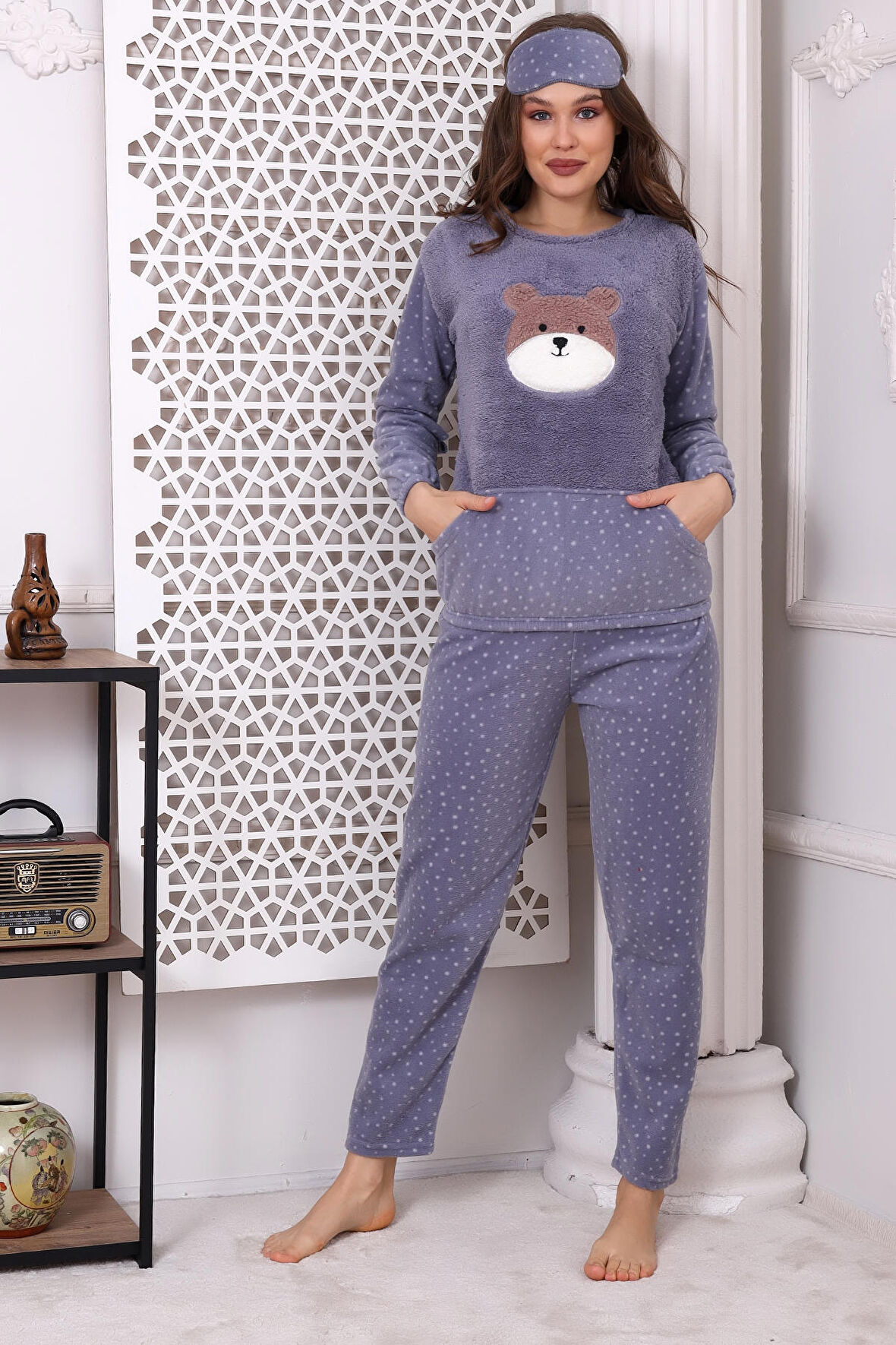 Fawn 3010 Peluş Welsoft Polar Kışlık Pandalı Cepli Kadın Pijama Takımı